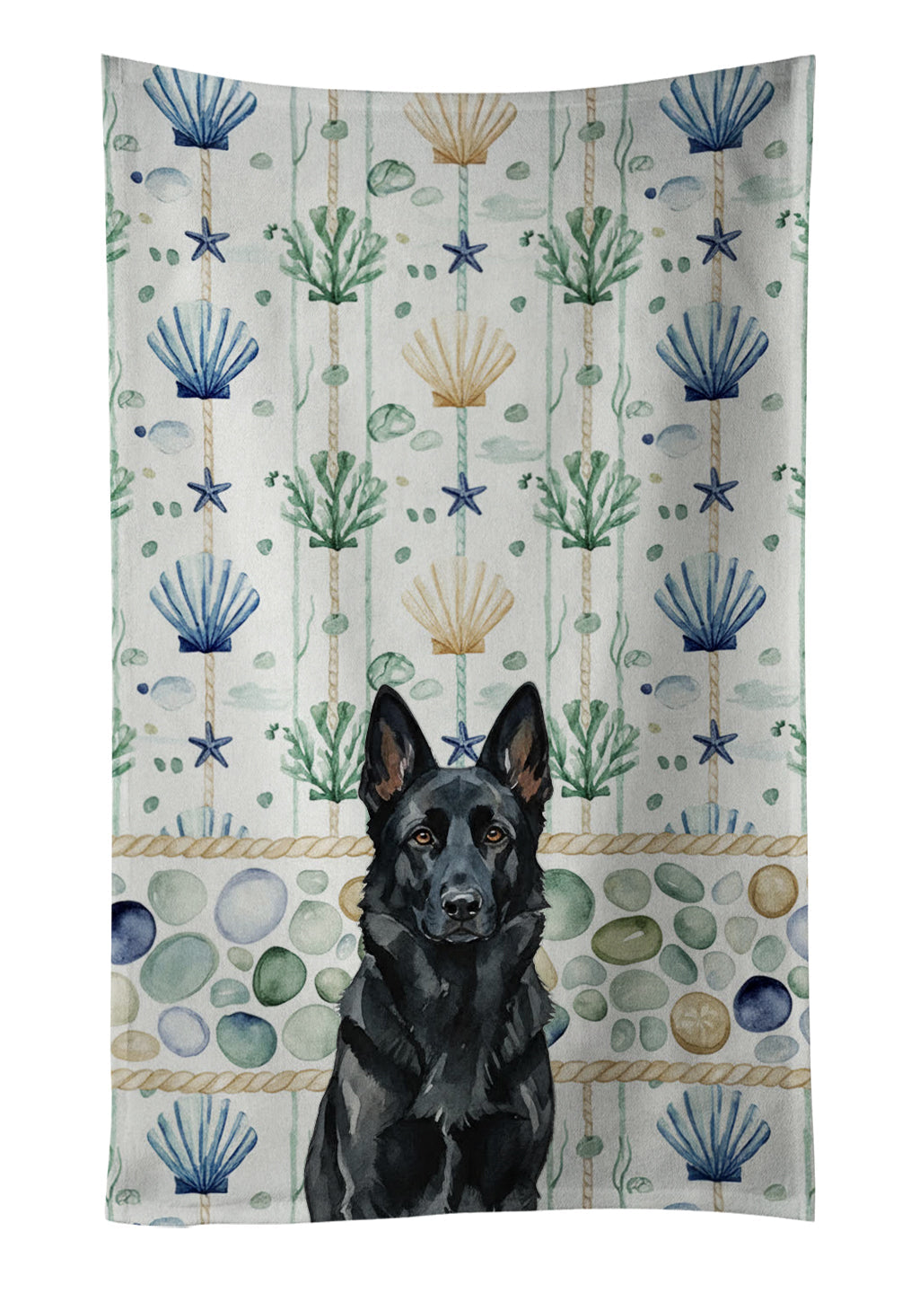 Black German Shepherd Coastal Sea Glass Kitchen Towel Velour Plush Front and Cotton Loop Back Machine Washable