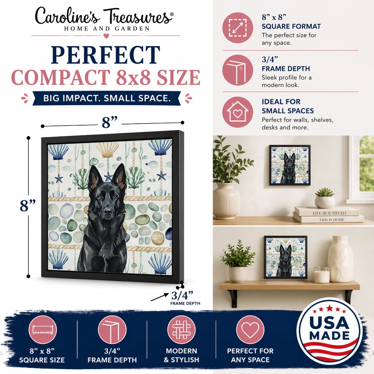 Black German Shepherd Coastal Sea Glass Framed Metal Print Bathroom, Kitchen, Office, Home Decor Wall Art Ready to Hang, Square, 8X8