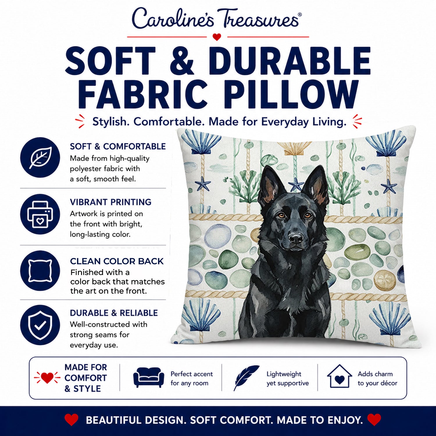 Black German Shepherd Coastal Sea Glass Decorative Throw Pillow 14x14 Indoor Outdoor Accent Cushion, Fabric Cover with Insert for Sofa, Bed, Porch & Living Room