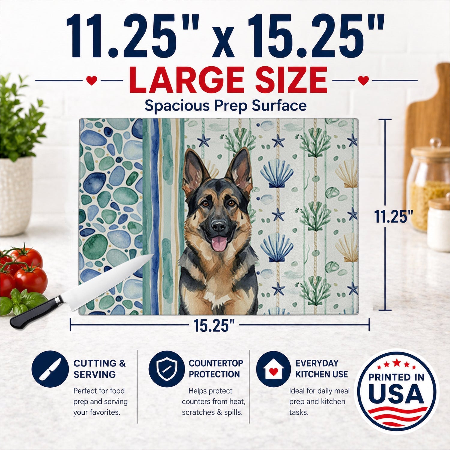 German Shepherd Coastal Sea Glass Cutting Board Tempered Glass Kitchen Cutting Surface, Heat Resistant Chopping, Non-Slip Feet, Food Prep & Serving