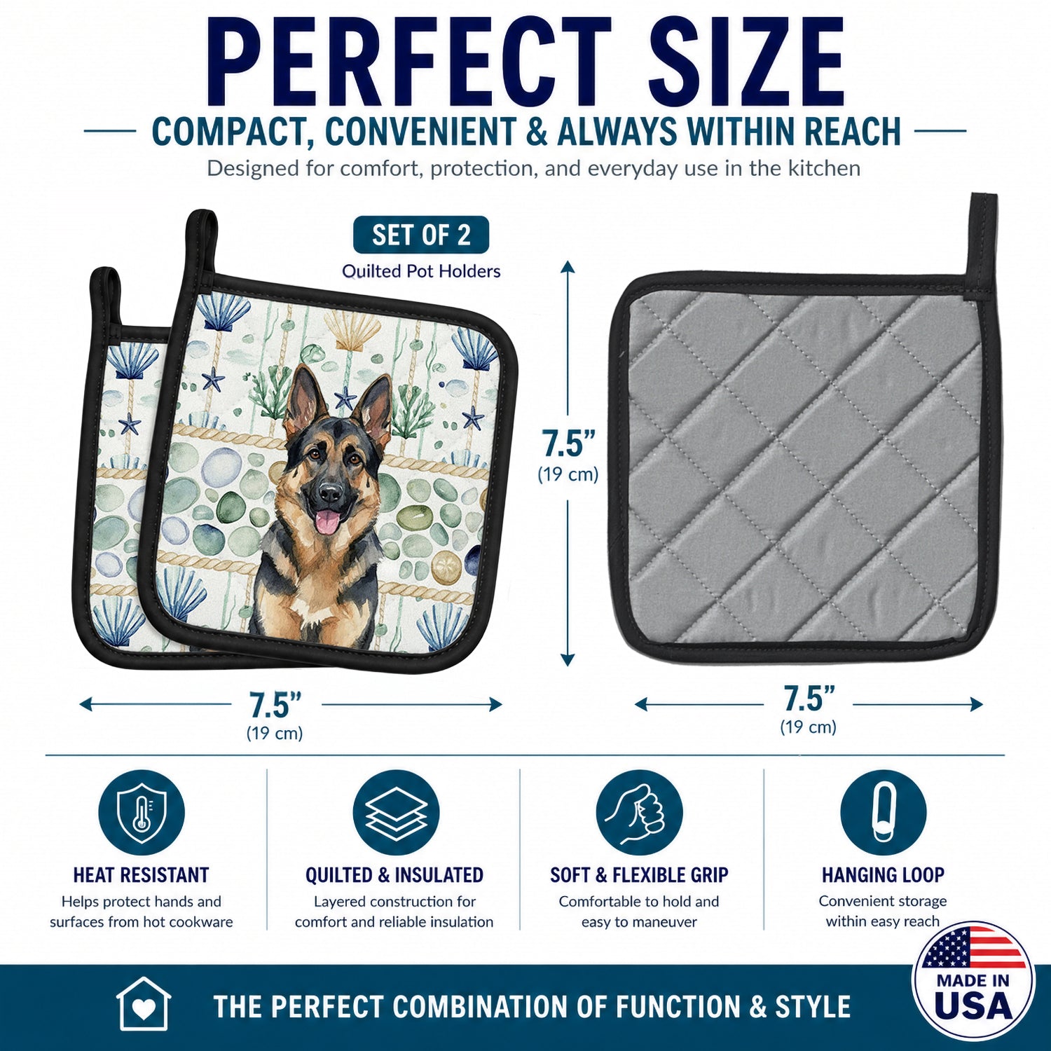 German Shepherd Coastal Sea Glass Pot Holder Set of 2 Heat Resistant Quilted Hot Pads 7.5 x 7.5 Inch, Insulated Kitchen Trivets for Cooking & Baking