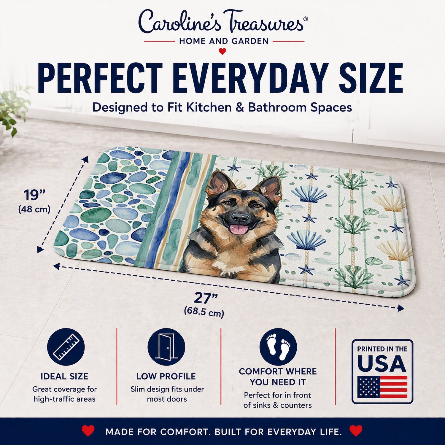 German Shepherd Coastal Sea Glass Memory Foam Kitchen Mat Machine Washable Anti-Fatigue Cushion Comfort Bath or Kitchen Rug