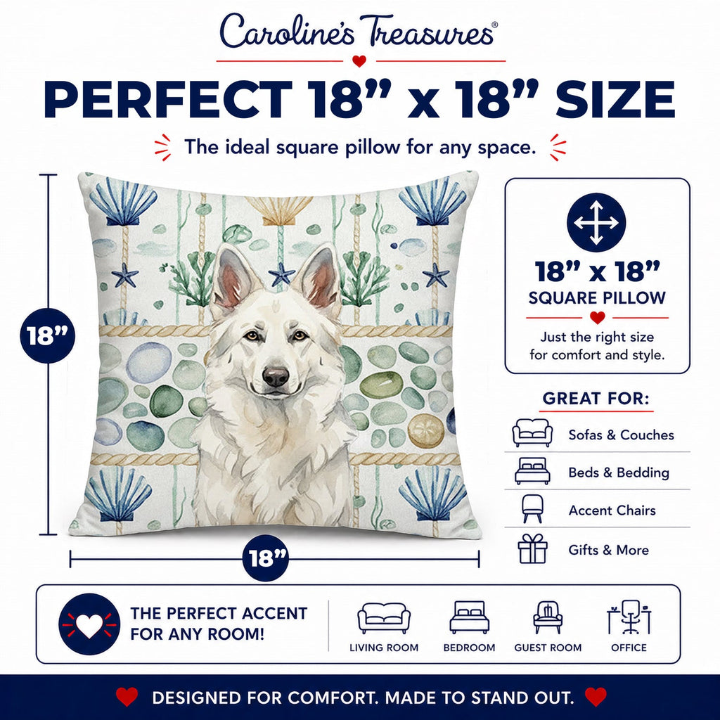 White German Shepherd Coastal Sea Glass Decorative Throw Pillow 18x18 Indoor Outdoor Accent Cushion, Fabric Cover with Insert for Sofa, Bed, Porch & Living Room