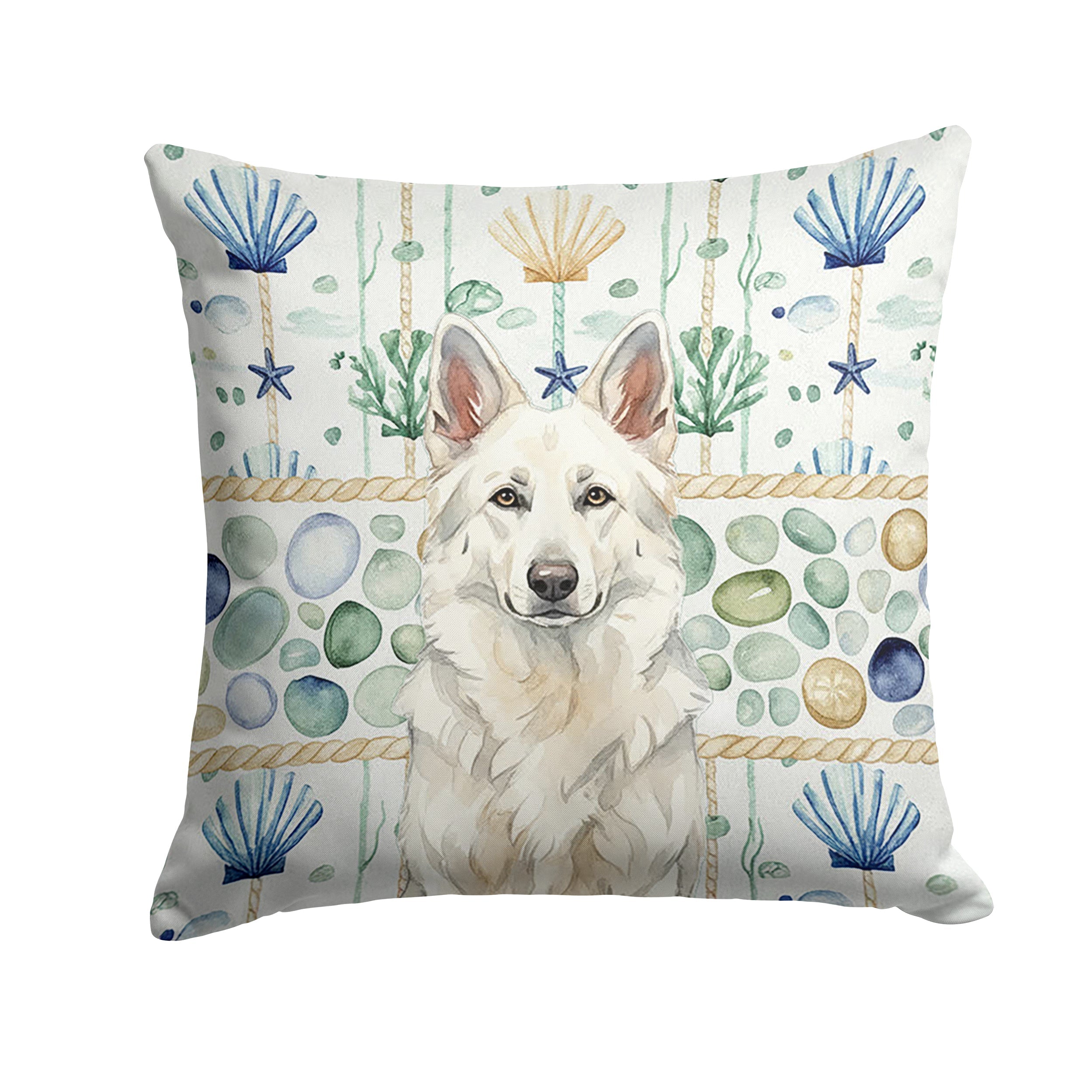 White German Shepherd Coastal Sea Glass Decorative Throw Pillow 18x18 Indoor Outdoor Accent Cushion, Fabric Cover with Insert for Sofa, Bed, Porch & Living Room