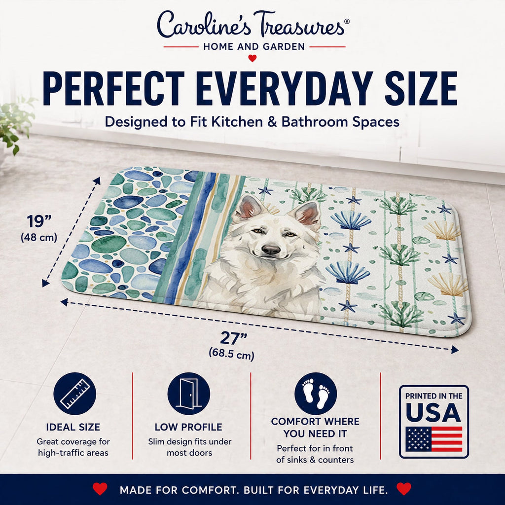 White German Shepherd Coastal Sea Glass Memory Foam Kitchen Mat Machine Washable Anti-Fatigue Cushion Comfort Bath or Kitchen Rug