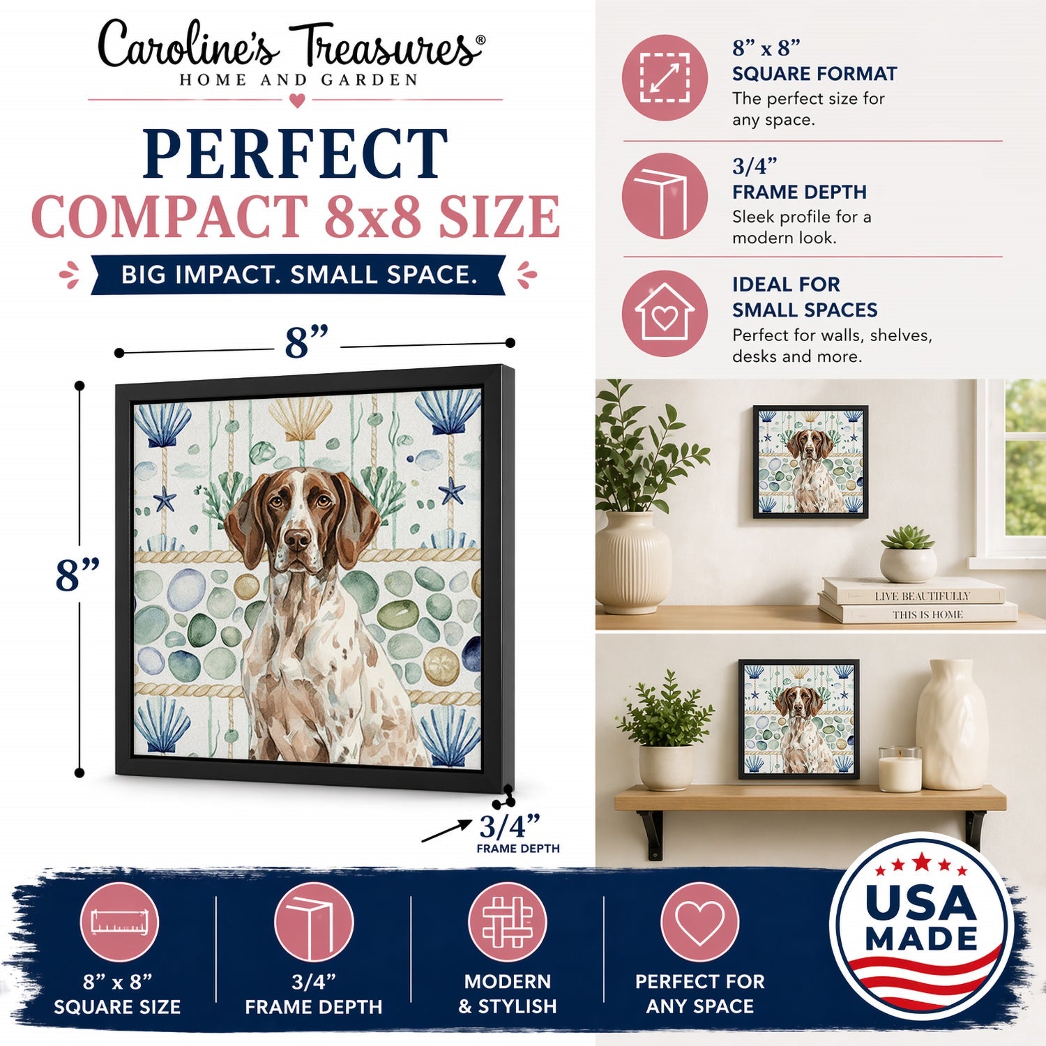 German Shorthaired Pointer Coastal Sea Glass Framed Metal Print Bathroom, Kitchen, Office, Home Decor Wall Art Ready to Hang, Square, 8X8