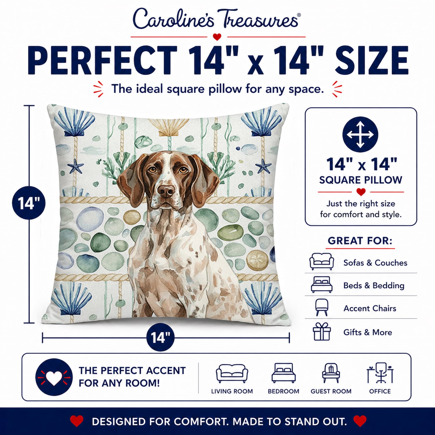 German Shorthaired Pointer Coastal Sea Glass Decorative Throw Pillow 14x14 Indoor Outdoor Accent Cushion, Fabric Cover with Insert for Sofa, Bed, Porch & Living Room