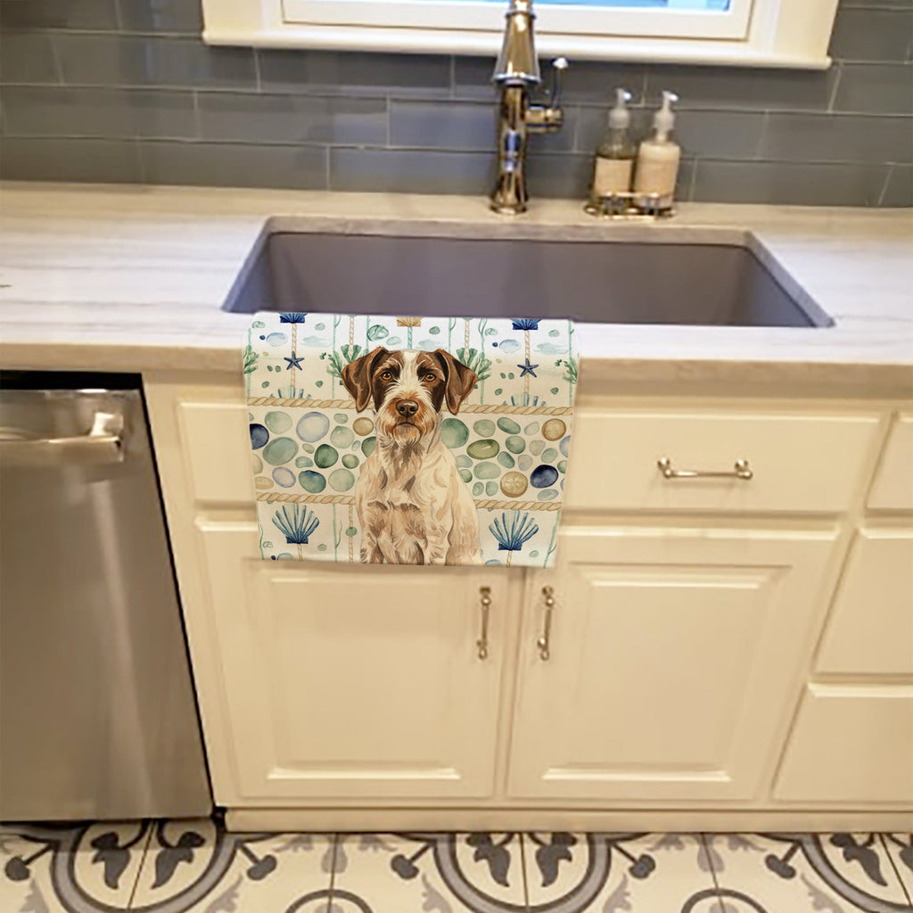 Liver and White German Wirehaired Pointer Coastal Sea Glass Kitchen Towel Velour Plush Front and Cotton Loop Back Machine Washable