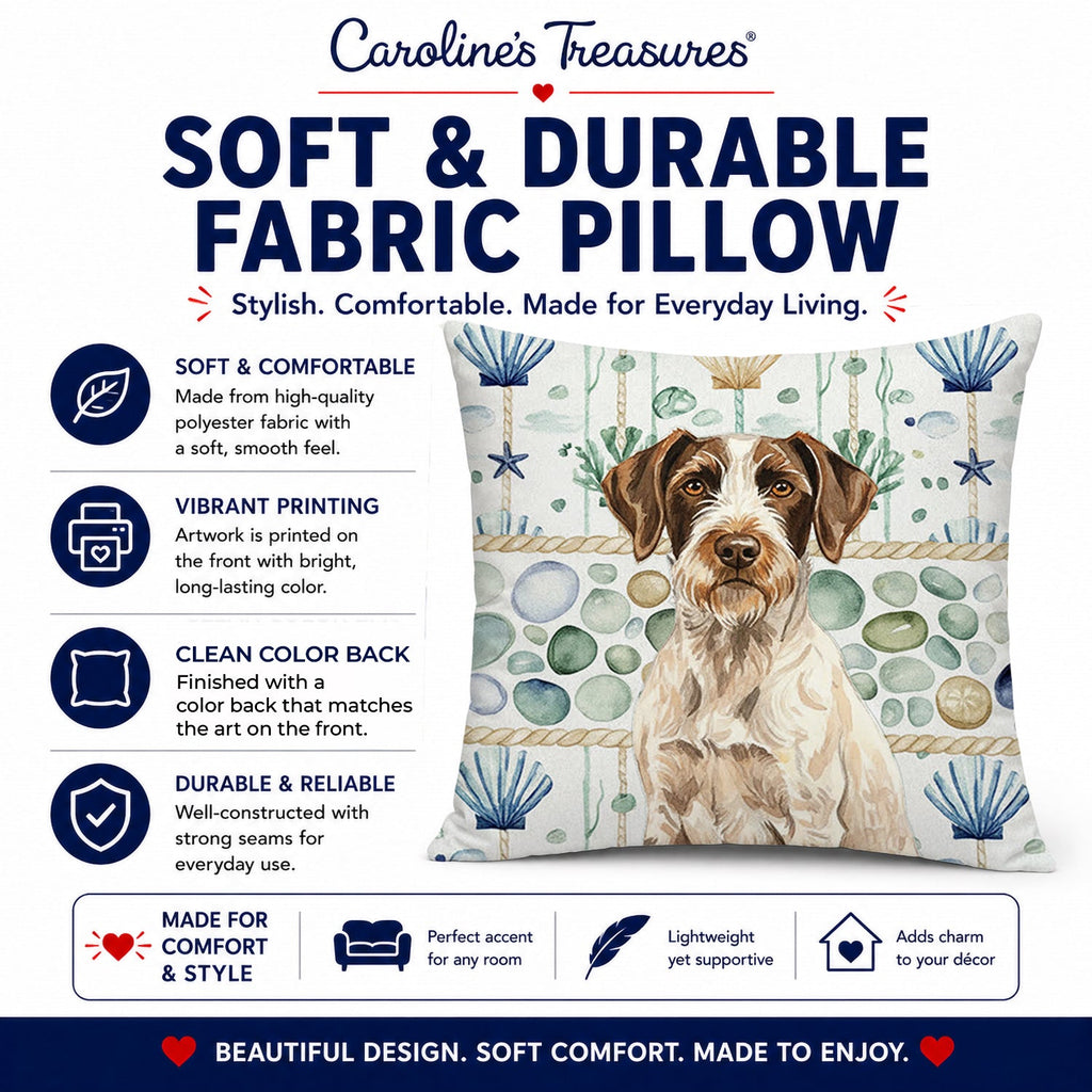 Liver and White German Wirehaired Pointer Coastal Sea Glass Decorative Throw Pillow 18x18 Indoor Outdoor Accent Cushion, Fabric Cover with Insert for Sofa, Bed, Porch & Living Room