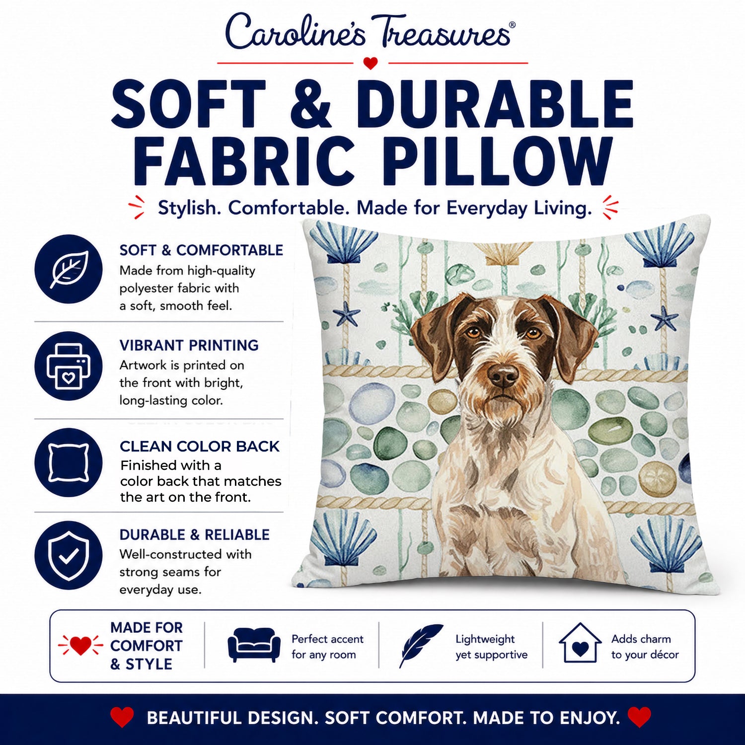 Liver and White German Wirehaired Pointer Coastal Sea Glass Decorative Throw Pillow 18x18 Indoor Outdoor Accent Cushion, Fabric Cover with Insert for Sofa, Bed, Porch & Living Room