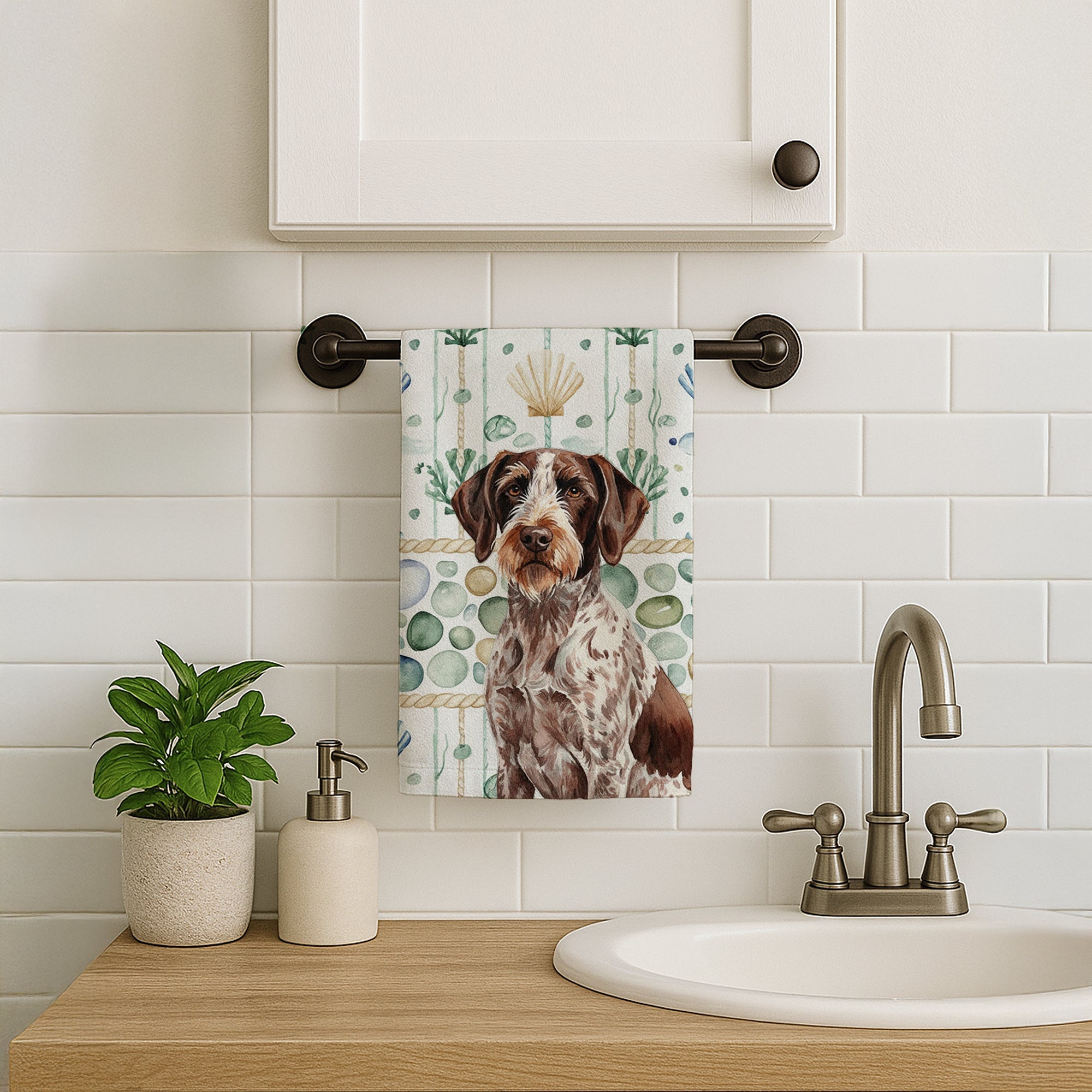 Roan German Wirehaired Pointer Coastal Sea Glass Kitchen Towel Velour Plush Front and Cotton Loop Back Machine Washable