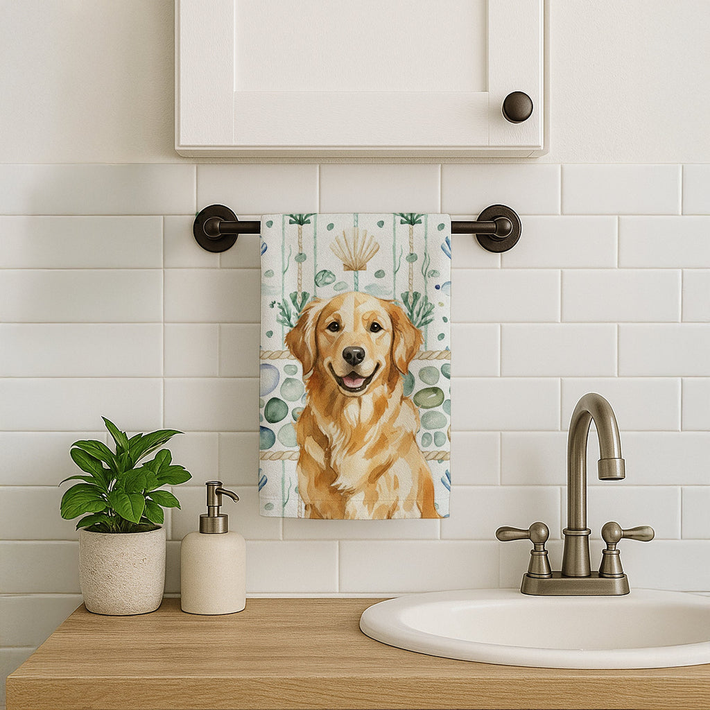 Golden Retriever Coastal Sea Glass Kitchen Towel Velour Plush Front and Cotton Loop Back Machine Washable