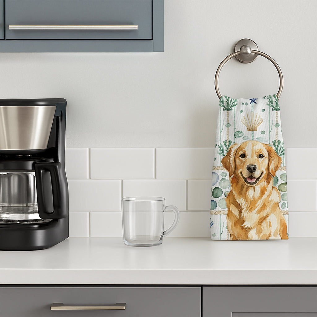 Golden Retriever Coastal Sea Glass Kitchen Towel Velour Plush Front and Cotton Loop Back Machine Washable