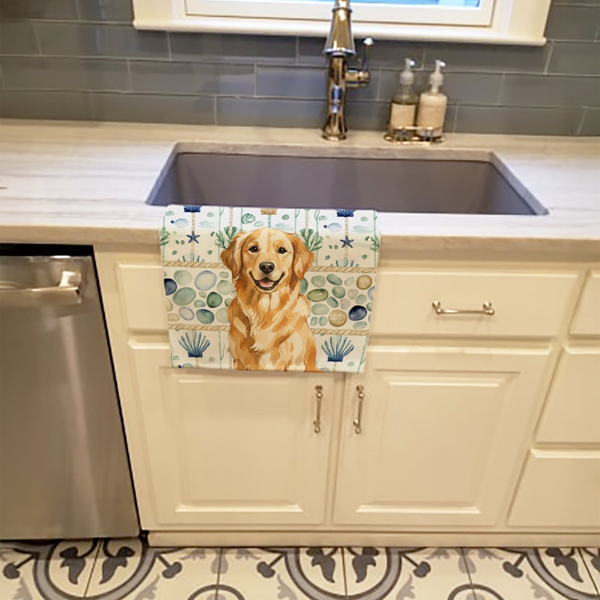 Golden Retriever Coastal Sea Glass Kitchen Towel Velour Plush Front and Cotton Loop Back Machine Washable