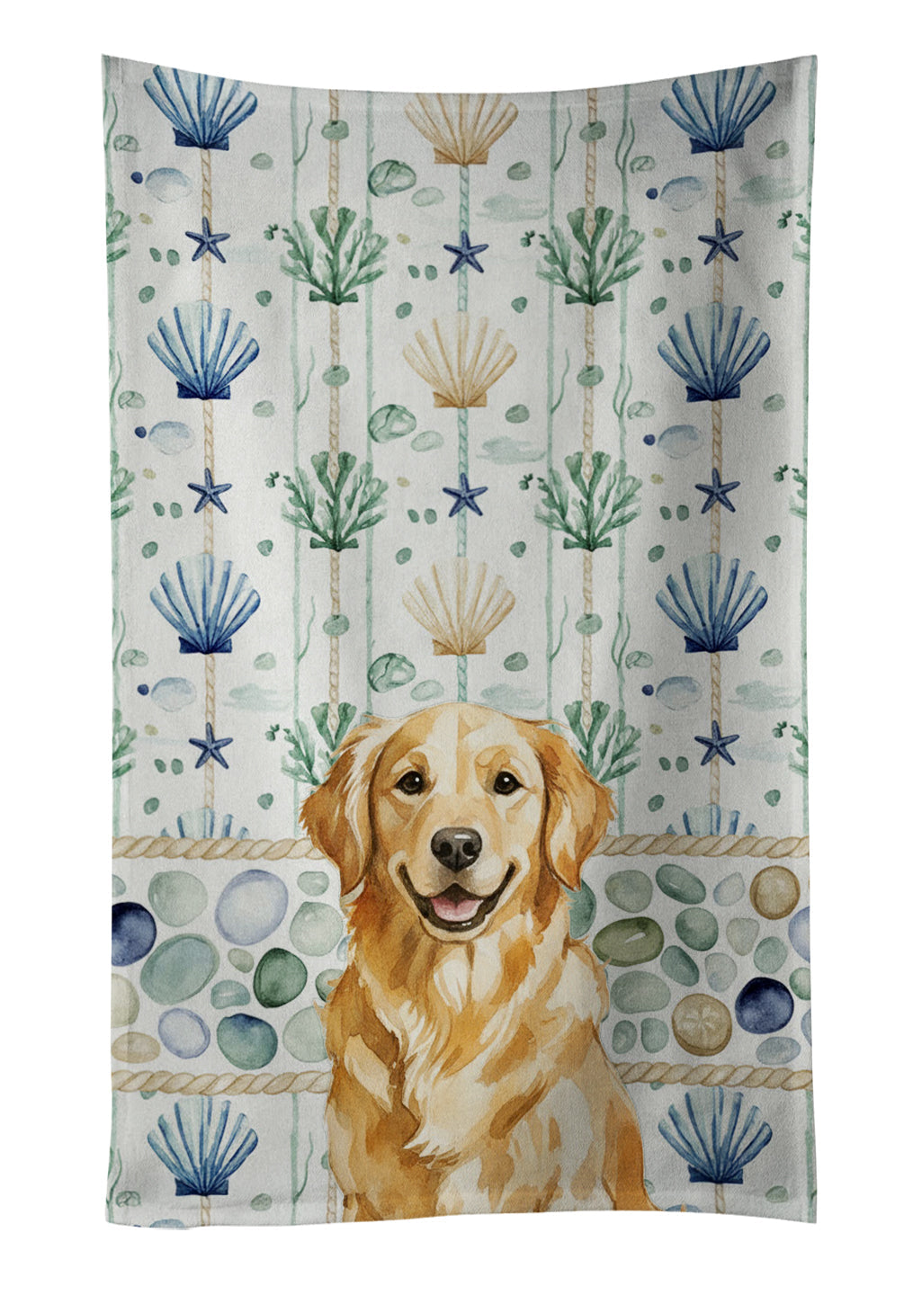 Golden Retriever Coastal Sea Glass Kitchen Towel Velour Plush Front and Cotton Loop Back Machine Washable
