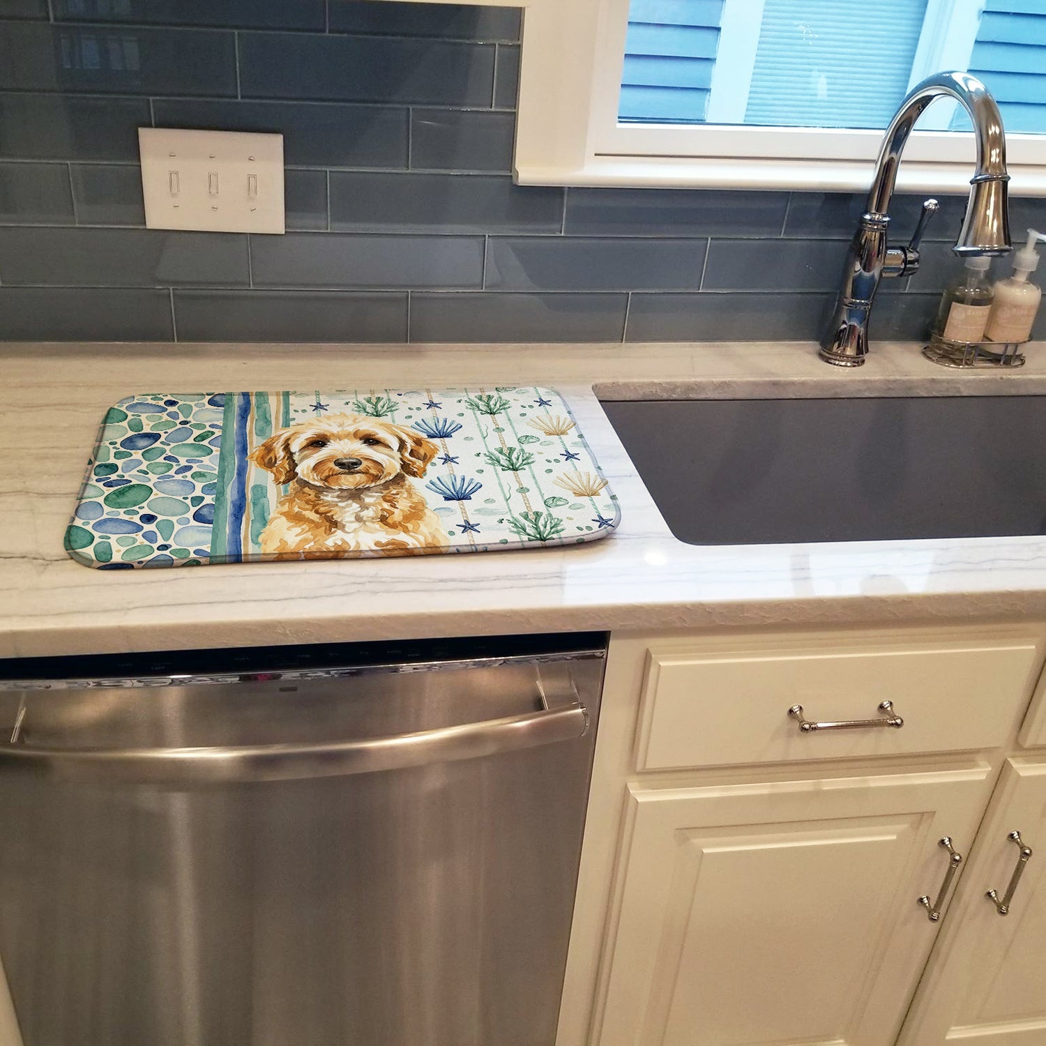 Goldendoodle Coastal Sea Glass Dish Drying Mat Absorbent Dish Drying Mat Pad for Kitchen Counter Dish Drainer Mat for Countertop, 14 x 21", Multicolor