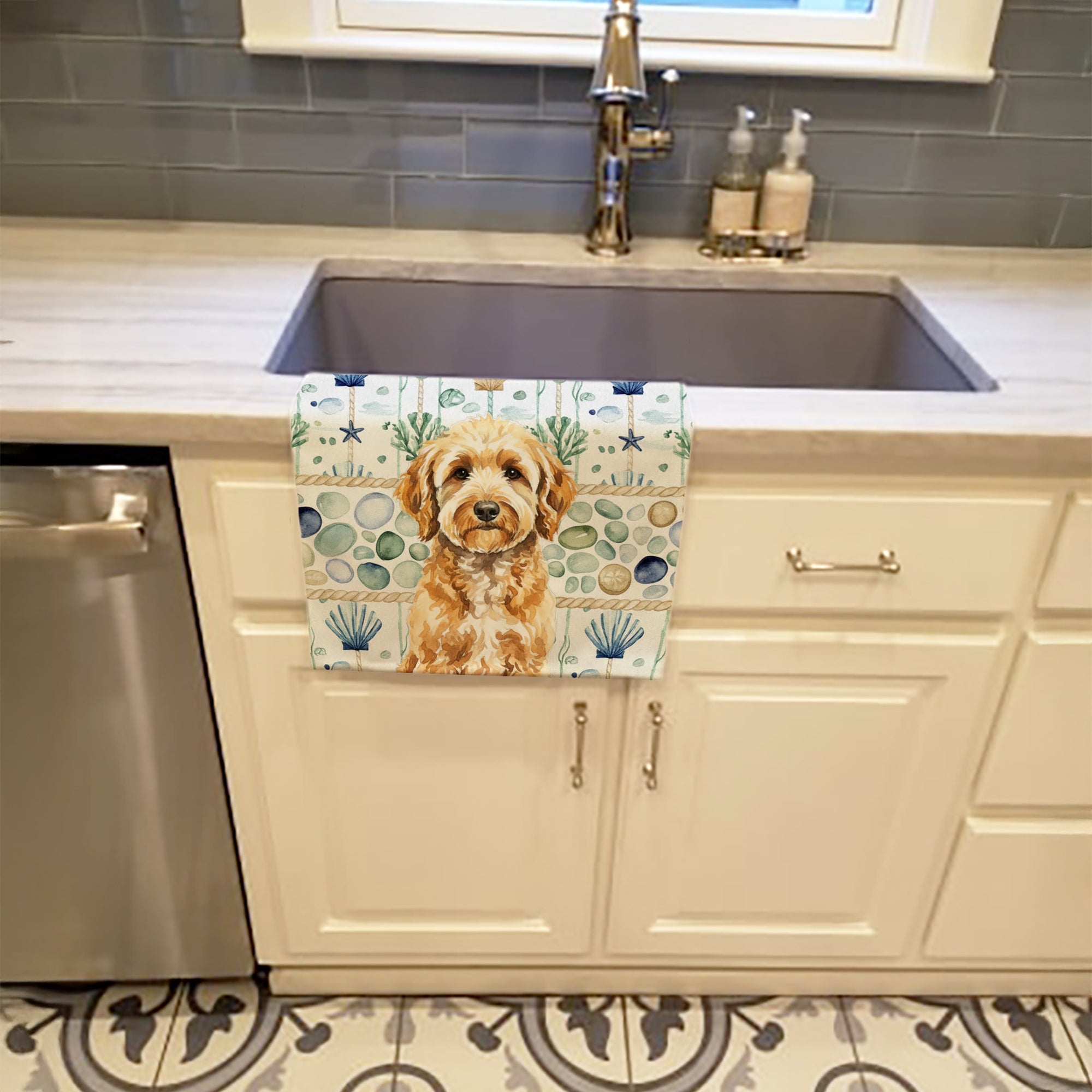 Goldendoodle Coastal Sea Glass Kitchen Towel Velour Plush Front and Cotton Loop Back Machine Washable