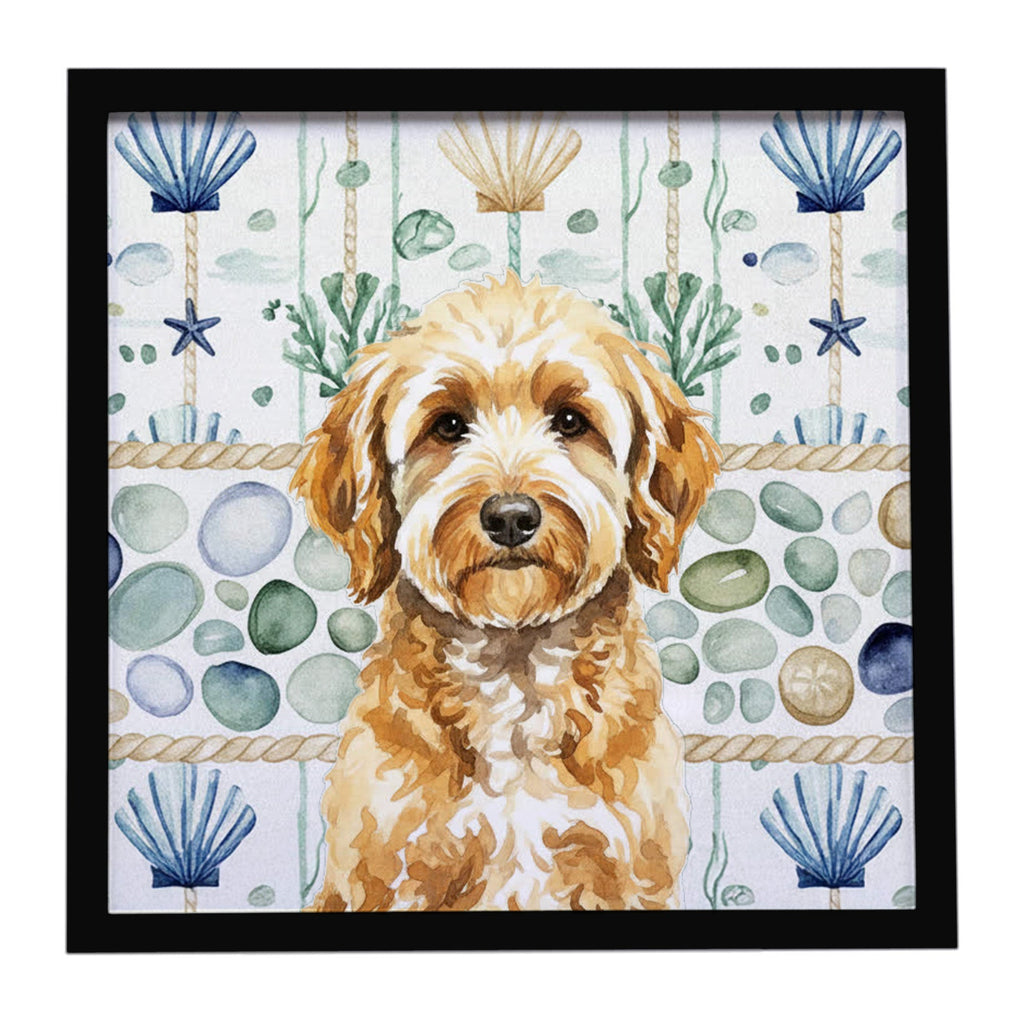 Goldendoodle Coastal Sea Glass Framed Metal Print Bathroom, Kitchen, Office, Home Decor Wall Art Ready to Hang, Square, 8X8