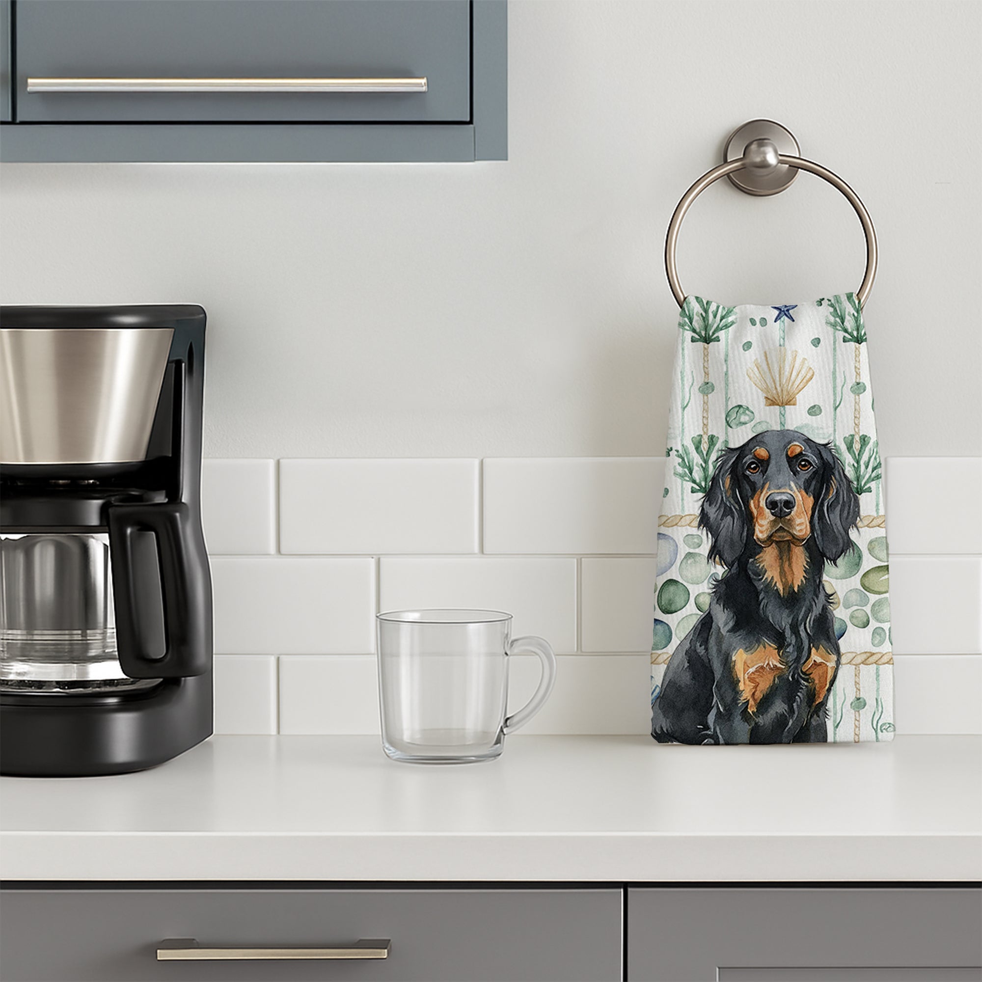 Gordon Setter Coastal Sea Glass Kitchen Towel Velour Plush Front and Cotton Loop Back Machine Washable