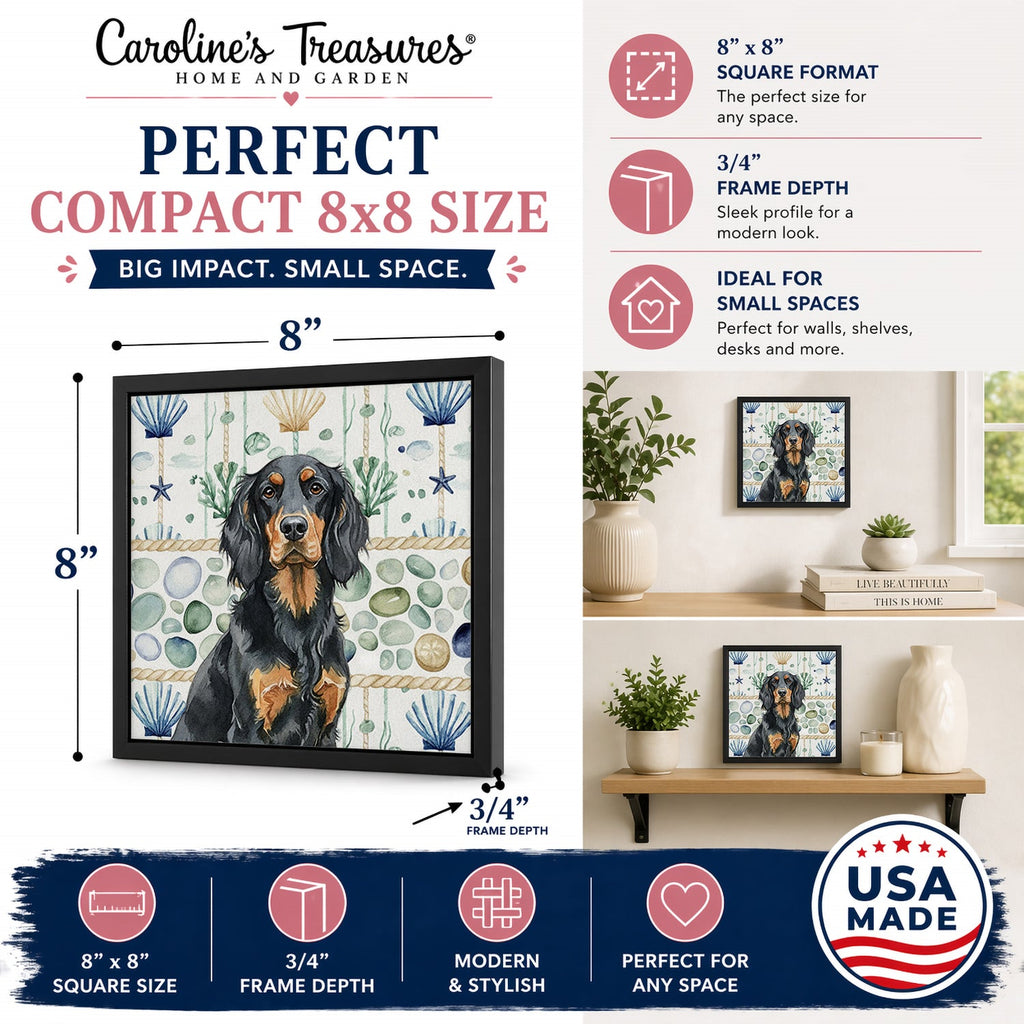 Gordon Setter Coastal Sea Glass Framed Metal Print Bathroom, Kitchen, Office, Home Decor Wall Art Ready to Hang, Square, 8X8