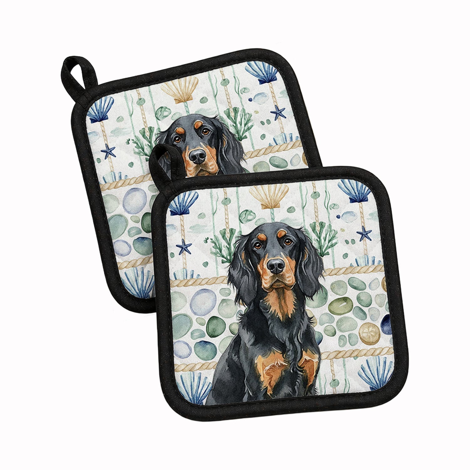 Gordon Setter Coastal Sea Glass Pot Holder Set of 2 Heat Resistant Quilted Hot Pads 7.5 x 7.5 Inch, Insulated Kitchen Trivets for Cooking & Baking