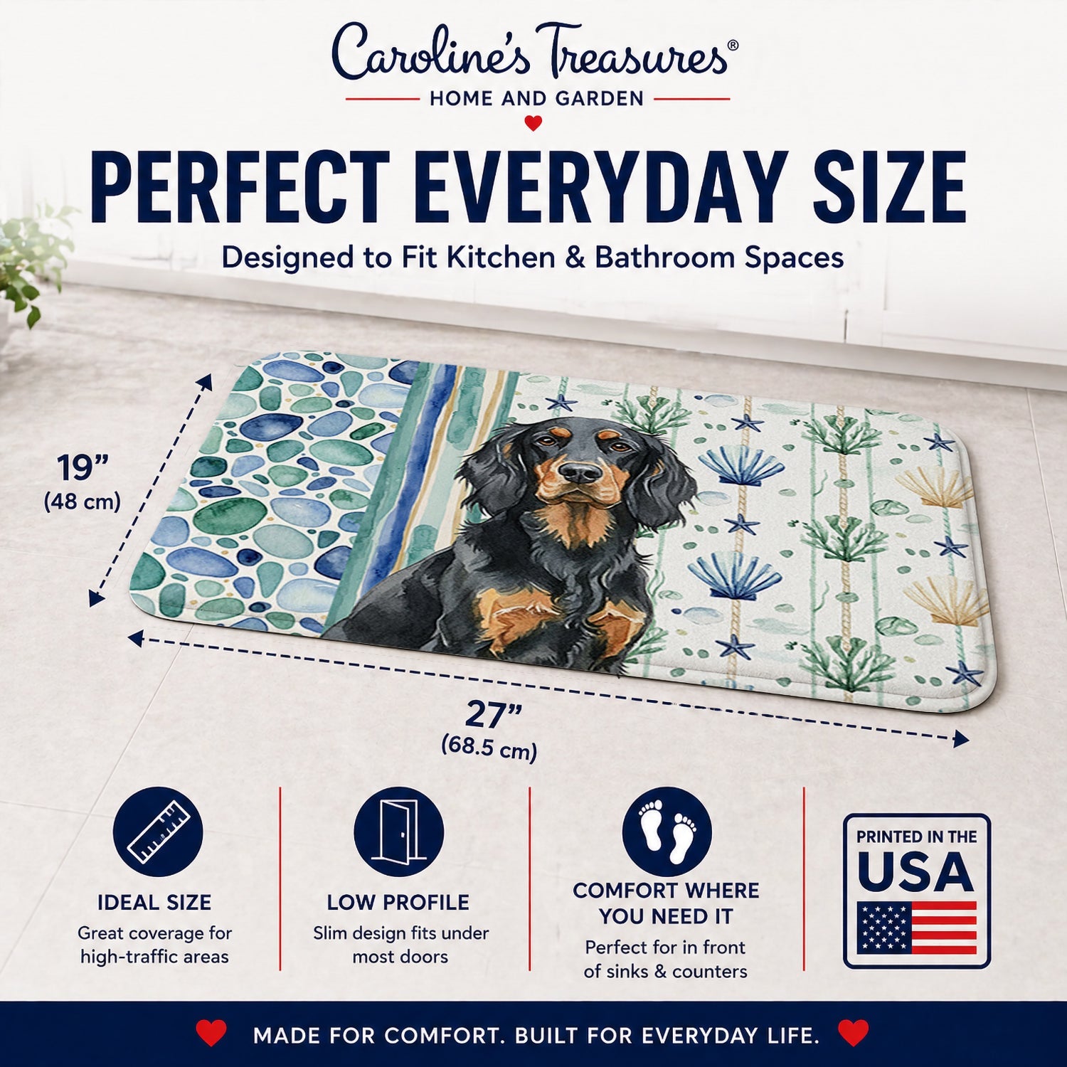 Gordon Setter Coastal Sea Glass Memory Foam Kitchen Mat Machine Washable Anti-Fatigue Cushion Comfort Bath or Kitchen Rug