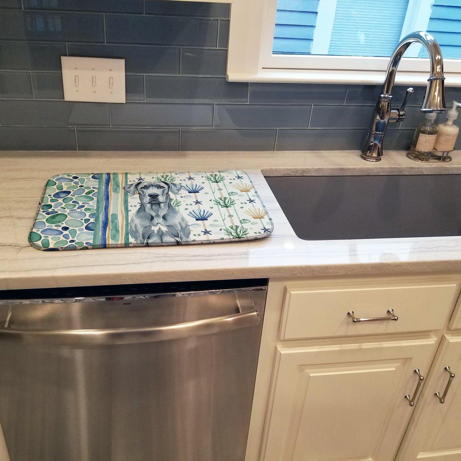 Blue Great Dane Coastal Sea Glass Dish Drying Mat Absorbent Dish Drying Mat Pad for Kitchen Counter Dish Drainer Mat for Countertop, 14 x 21", Multicolor