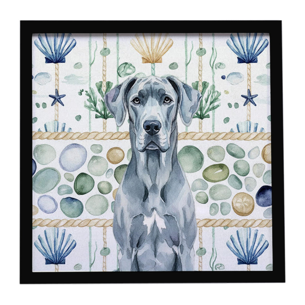 Blue Great Dane Coastal Sea Glass Framed Metal Print Bathroom, Kitchen, Office, Home Decor Wall Art Ready to Hang, Square, 8X8