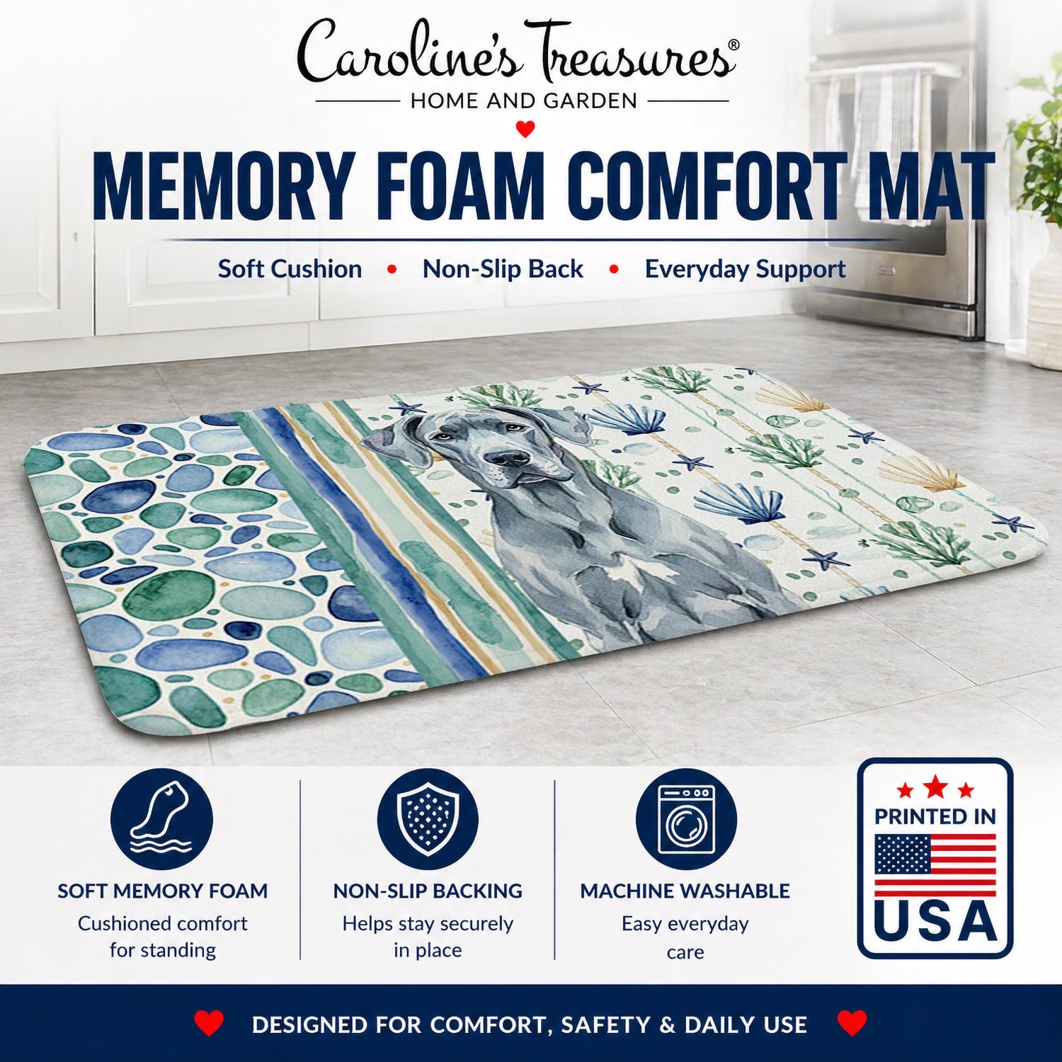 Blue Great Dane Coastal Sea Glass Memory Foam Kitchen Mat Machine Washable Anti-Fatigue Cushion Comfort Bath or Kitchen Rug