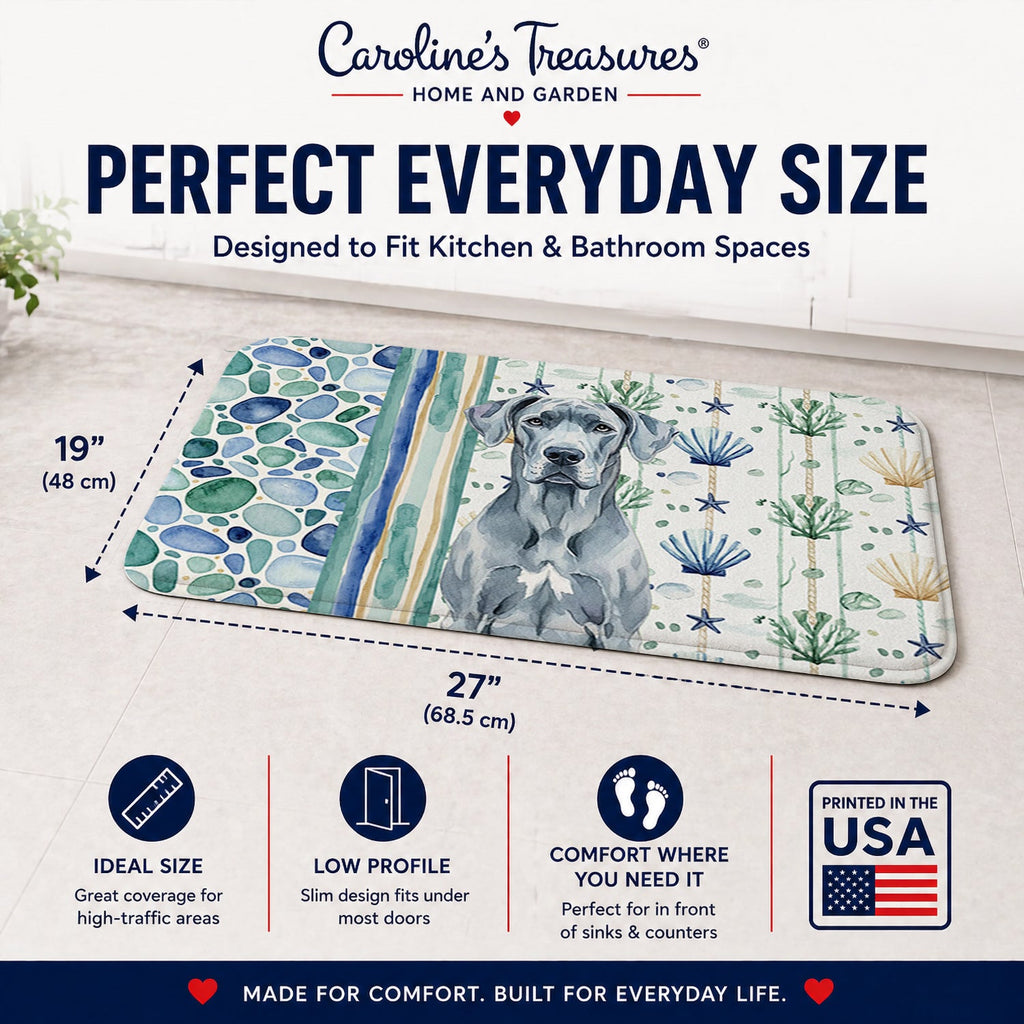 Blue Great Dane Coastal Sea Glass Memory Foam Kitchen Mat Machine Washable Anti-Fatigue Cushion Comfort Bath or Kitchen Rug