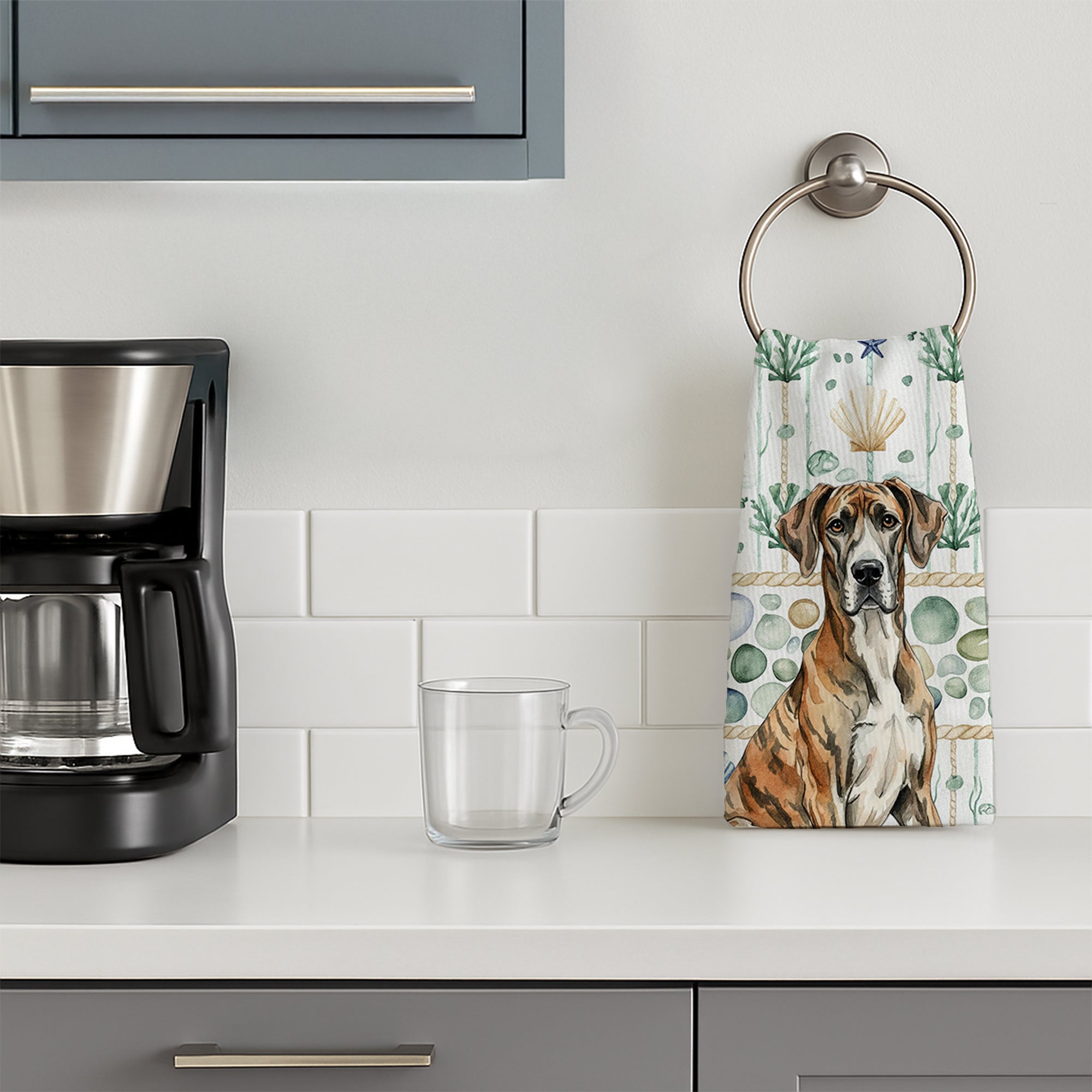Brindle Great Dane Coastal Sea Glass Kitchen Towel Velour Plush Front and Cotton Loop Back Machine Washable