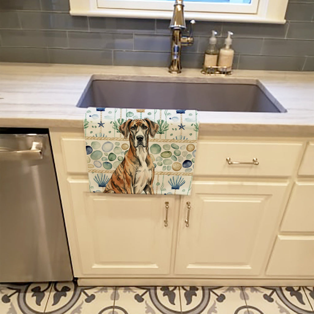 Brindle Great Dane Coastal Sea Glass Kitchen Towel Velour Plush Front and Cotton Loop Back Machine Washable