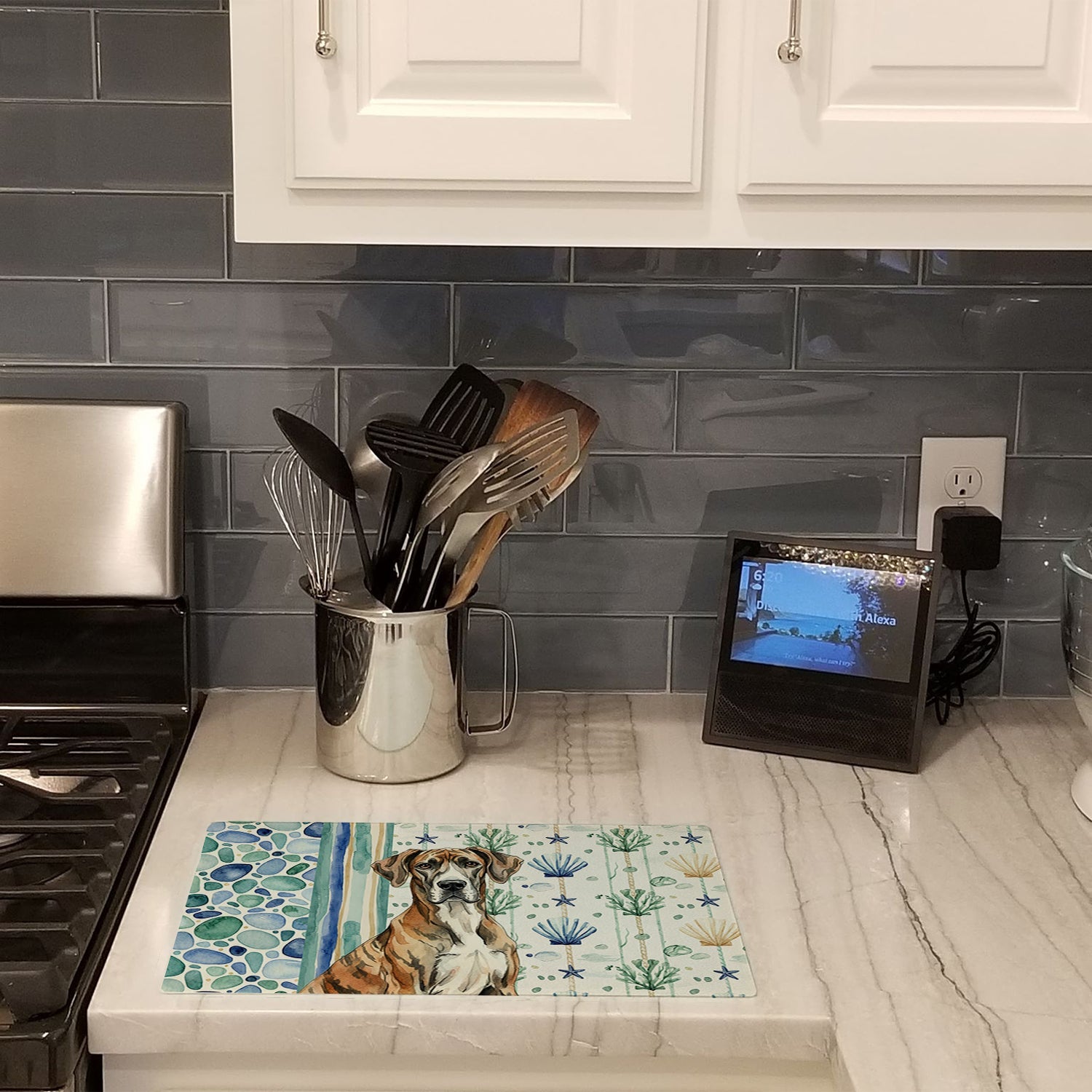 Brindle Great Dane Coastal Sea Glass Cutting Board Tempered Glass Kitchen Cutting Surface, Heat Resistant Chopping, Non-Slip Feet, Food Prep & Serving