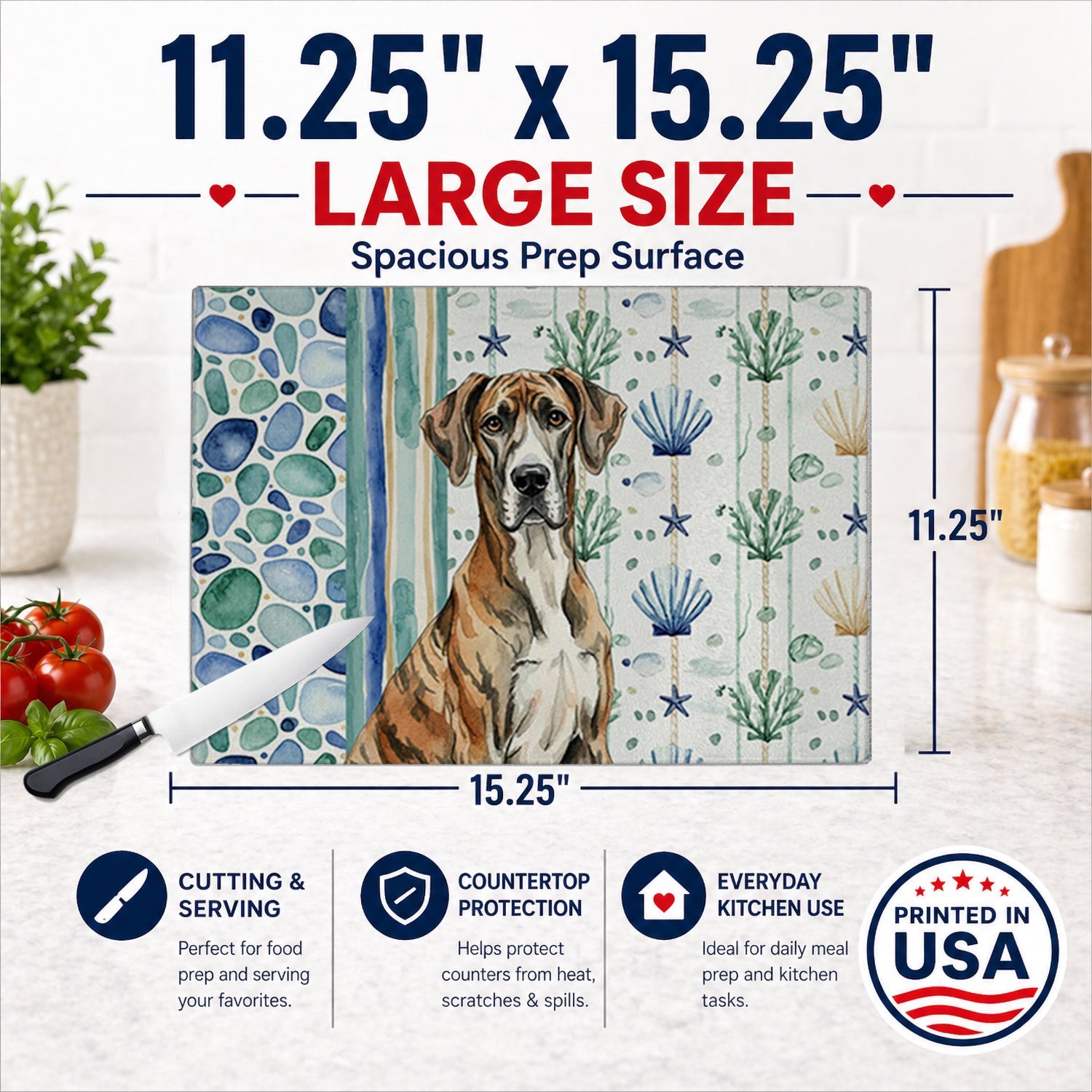 Brindle Great Dane Coastal Sea Glass Cutting Board Tempered Glass Kitchen Cutting Surface, Heat Resistant Chopping, Non-Slip Feet, Food Prep & Serving