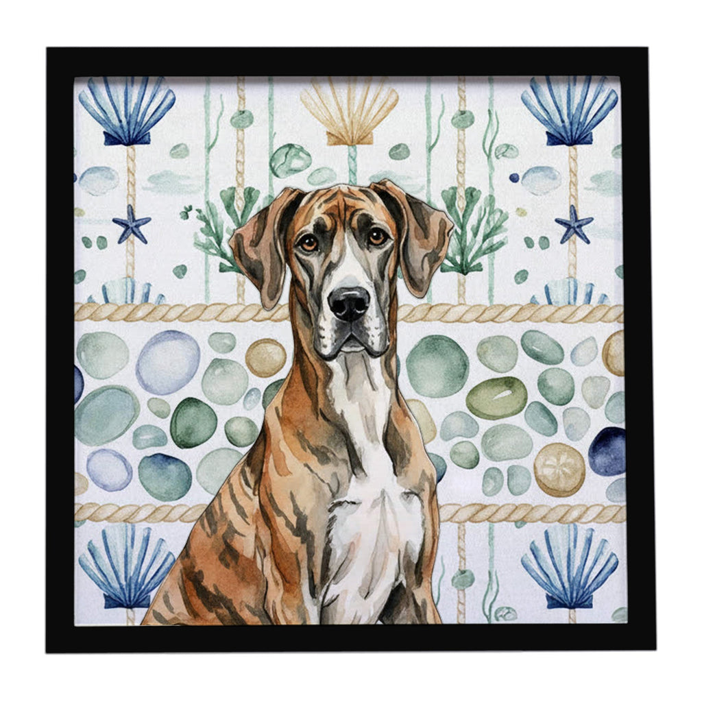 Brindle Great Dane Coastal Sea Glass Framed Metal Print Bathroom, Kitchen, Office, Home Decor Wall Art Ready to Hang, Square, 8X8