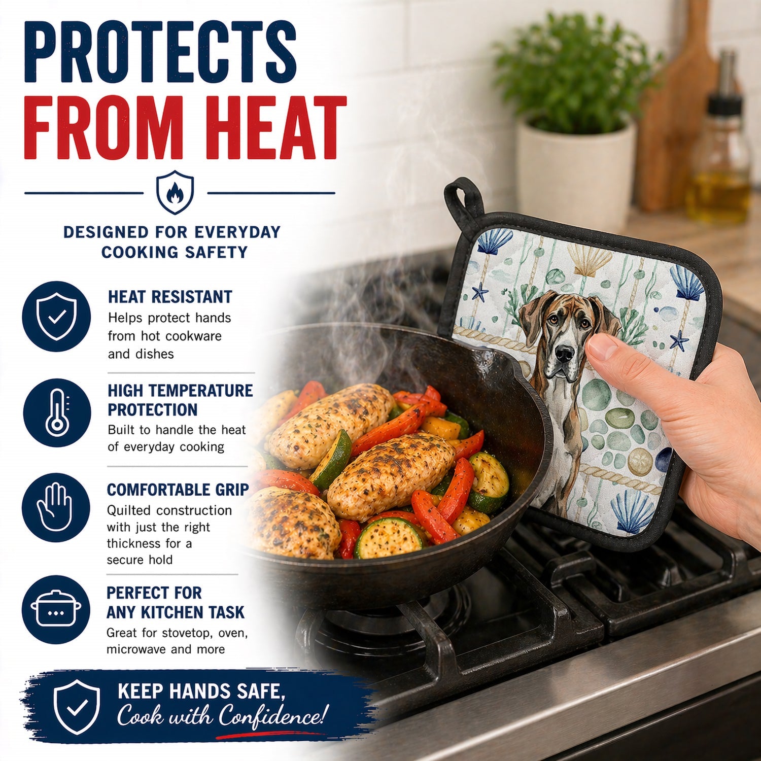Brindle Great Dane Coastal Sea Glass Pot Holder Set of 2 Heat Resistant Quilted Hot Pads 7.5 x 7.5 Inch, Insulated Kitchen Trivets for Cooking & Baking