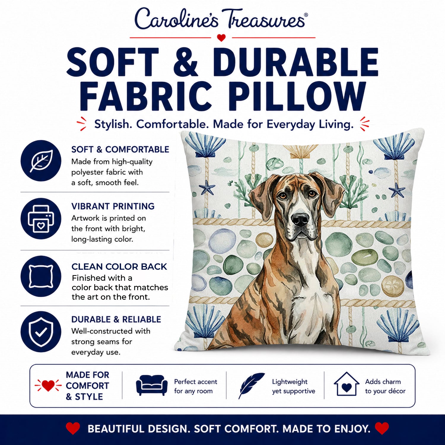 Brindle Great Dane Coastal Sea Glass Decorative Throw Pillow 14x14 Indoor Outdoor Accent Cushion, Fabric Cover with Insert for Sofa, Bed, Porch & Living Room