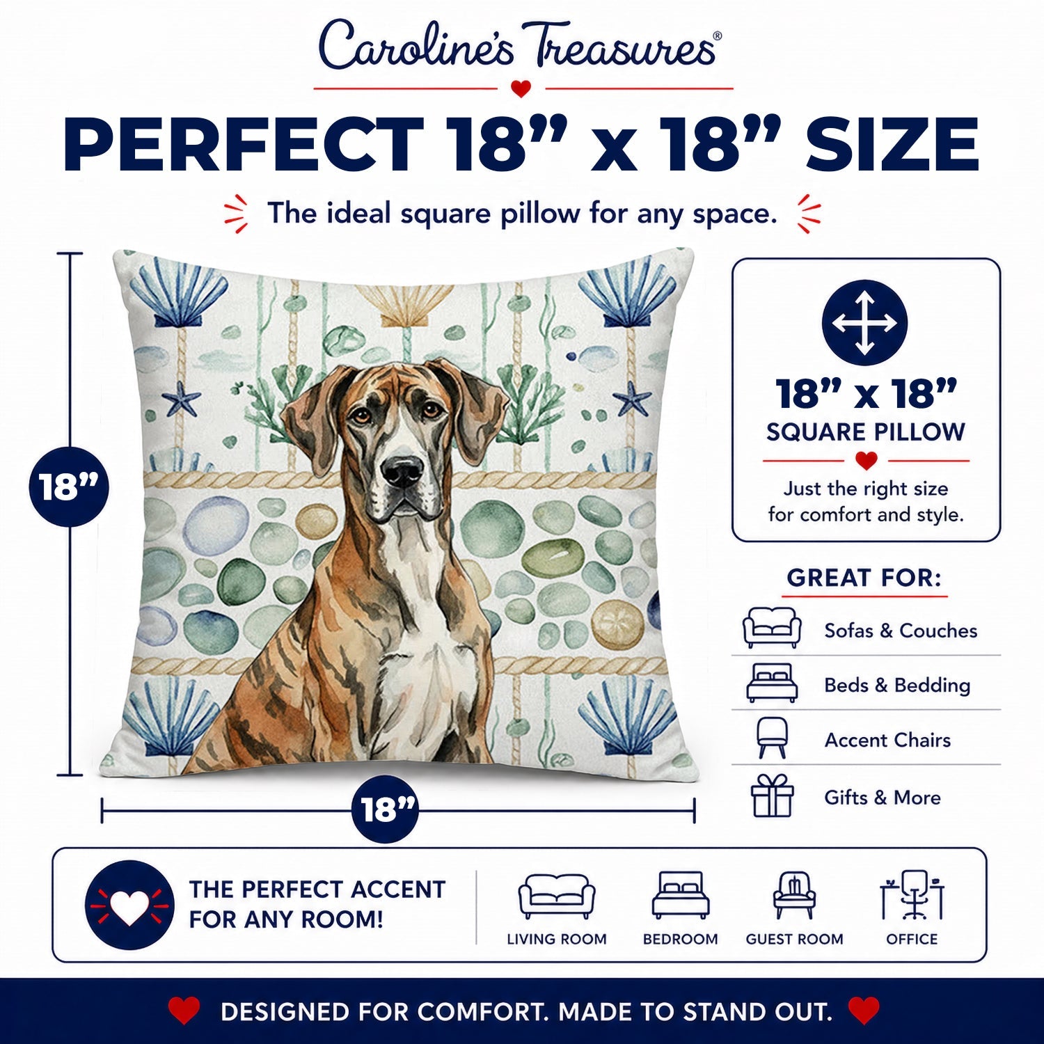 Brindle Great Dane Coastal Sea Glass Decorative Throw Pillow 18x18 Indoor Outdoor Accent Cushion, Fabric Cover with Insert for Sofa, Bed, Porch & Living Room