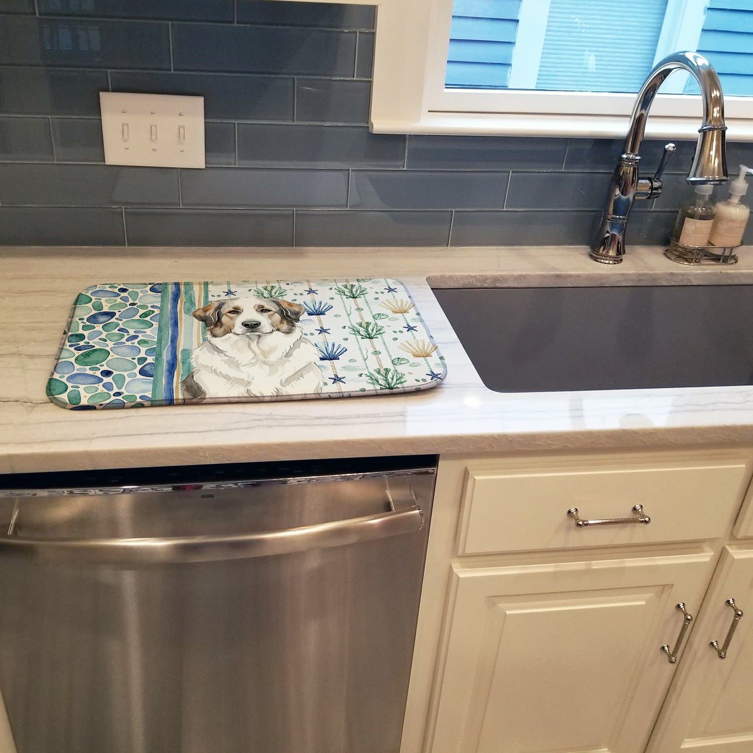 Badger Great Pyrenees Coastal Sea Glass Dish Drying Mat Absorbent Dish Drying Mat Pad for Kitchen Counter Dish Drainer Mat for Countertop, 14 x 21", Multicolor