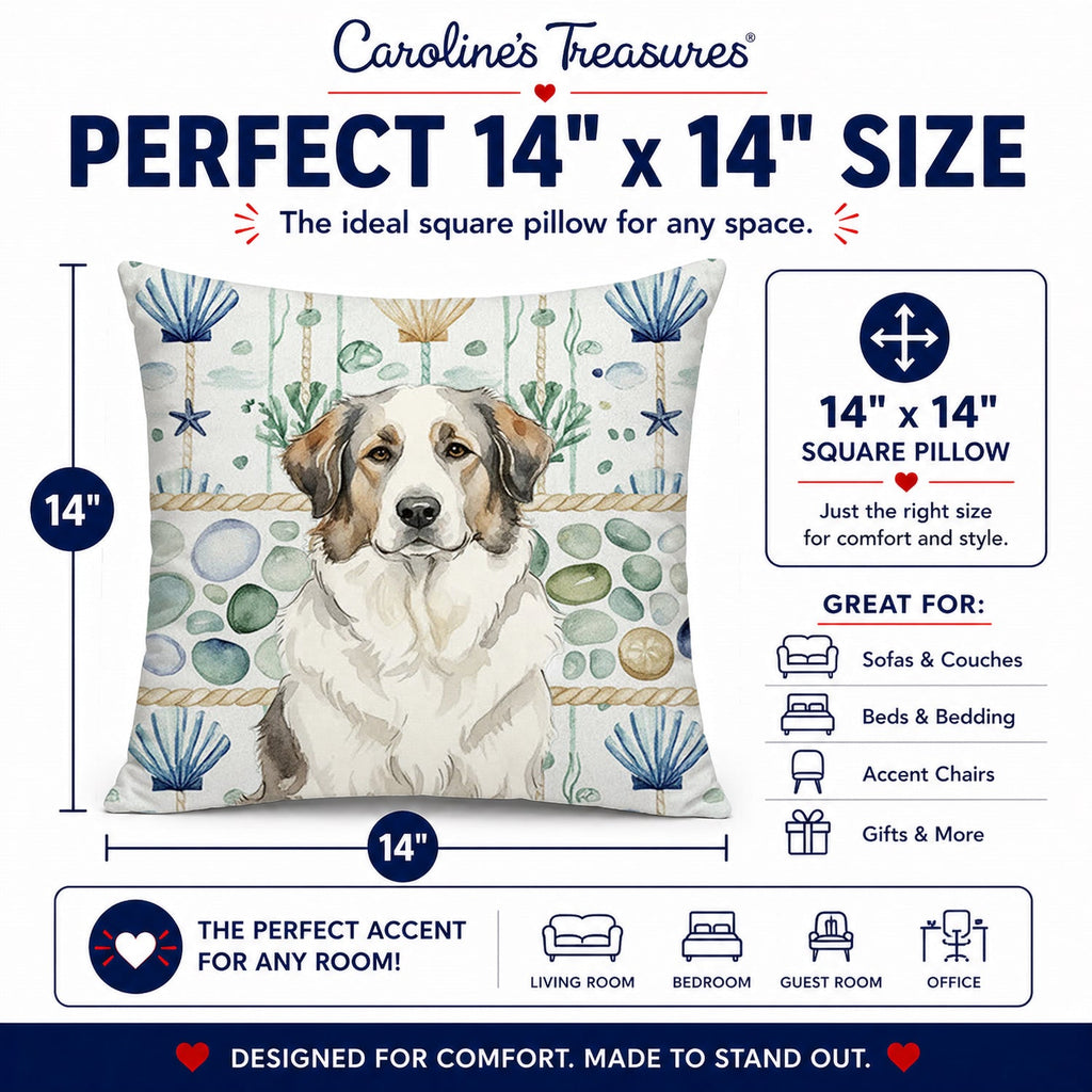 Badger Great Pyrenees Coastal Sea Glass Decorative Throw Pillow 14x14 Indoor Outdoor Accent Cushion, Fabric Cover with Insert for Sofa, Bed, Porch & Living Room