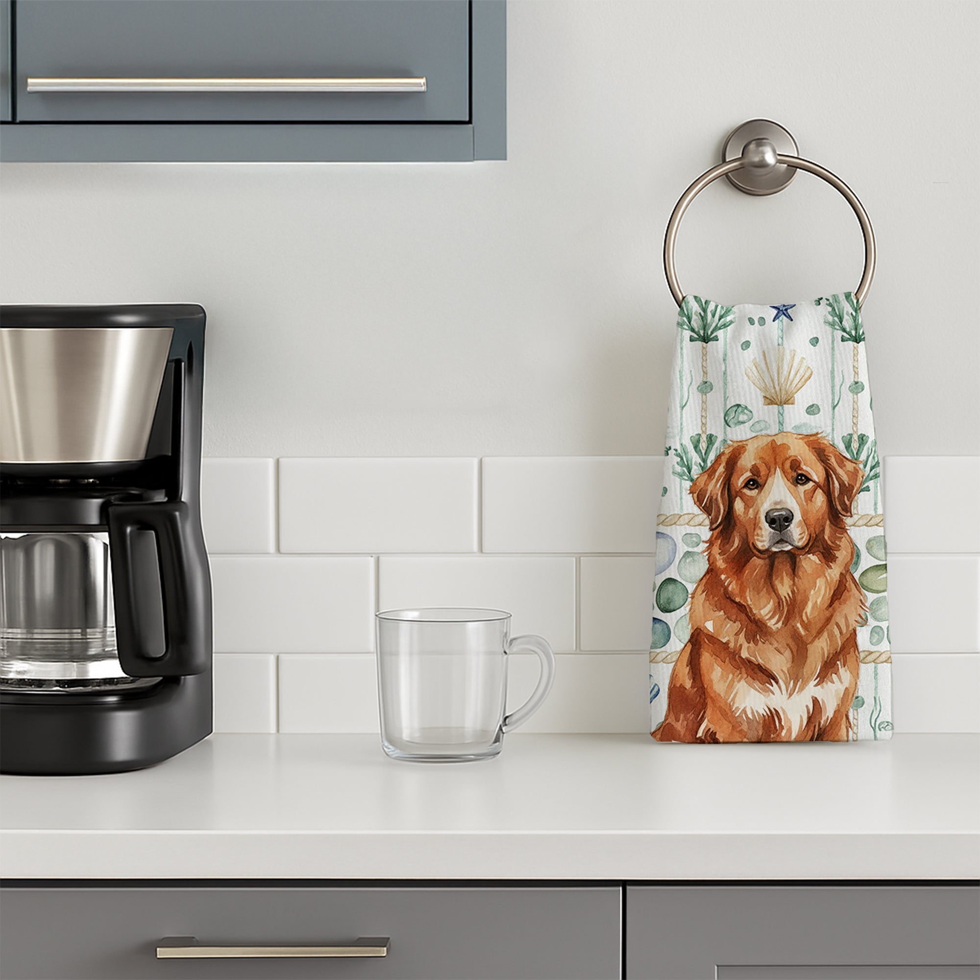 Reddish Brown Great Pyrenees Coastal Sea Glass Kitchen Towel Velour Plush Front and Cotton Loop Back Machine Washable