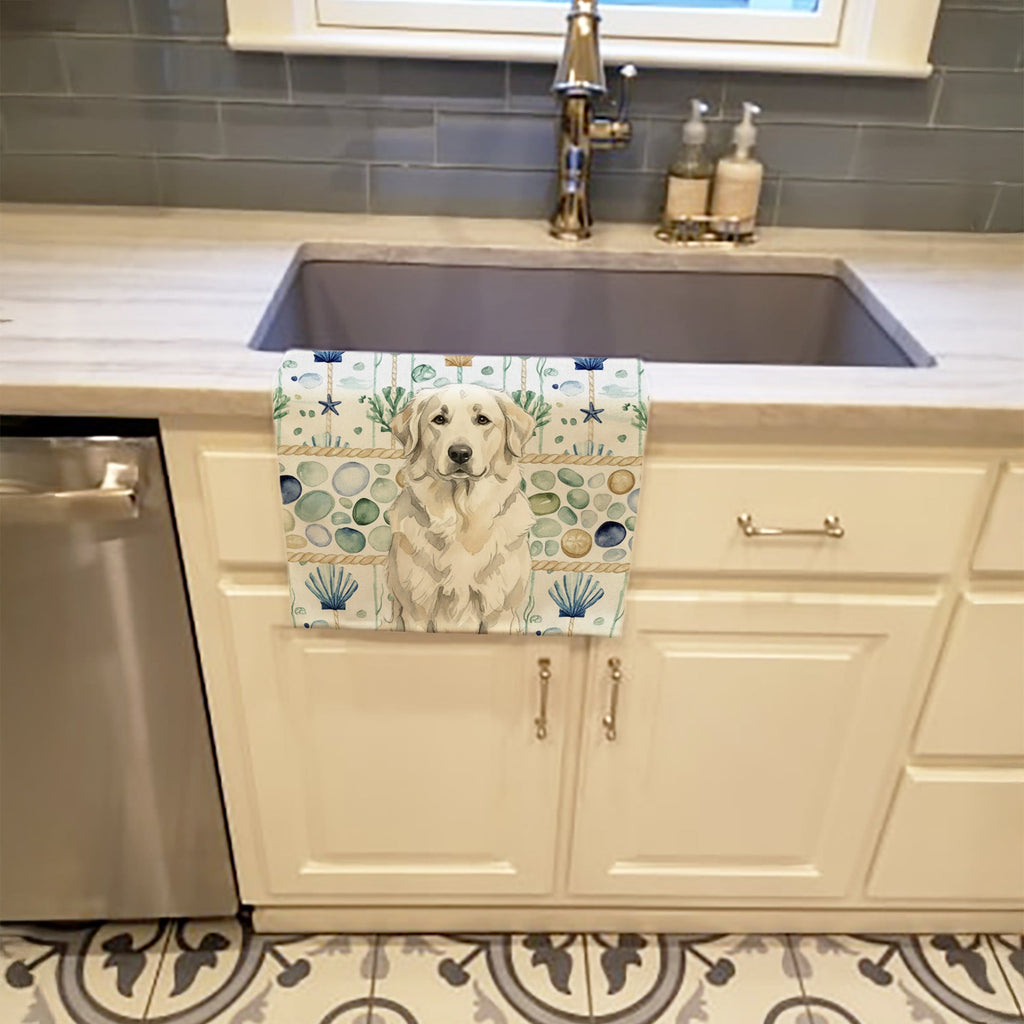 White Great Pyrenees Coastal Sea Glass Kitchen Towel Velour Plush Front and Cotton Loop Back Machine Washable