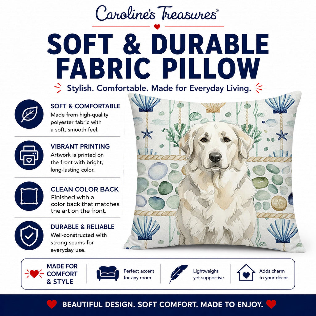 White Great Pyrenees Coastal Sea Glass Decorative Throw Pillow 14x14 Indoor Outdoor Accent Cushion, Fabric Cover with Insert for Sofa, Bed, Porch & Living Room