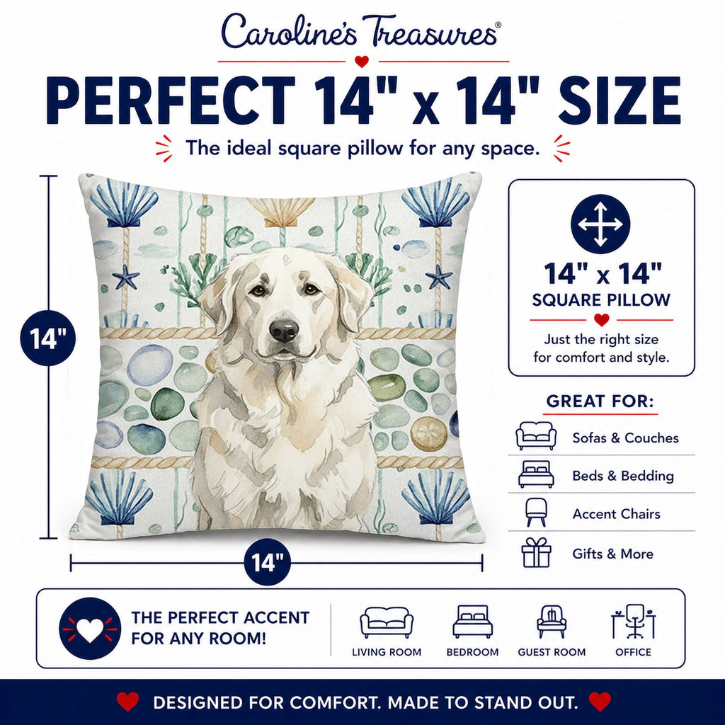 White Great Pyrenees Coastal Sea Glass Decorative Throw Pillow 14x14 Indoor Outdoor Accent Cushion, Fabric Cover with Insert for Sofa, Bed, Porch & Living Room