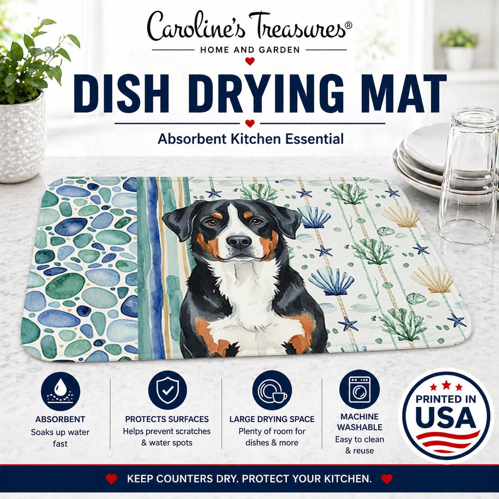 Greater Swiss Mountain Dog Coastal Sea Glass Dish Drying Mat Absorbent Dish Drying Mat Pad for Kitchen Counter Dish Drainer Mat for Countertop, 14 x 21", Multicolor