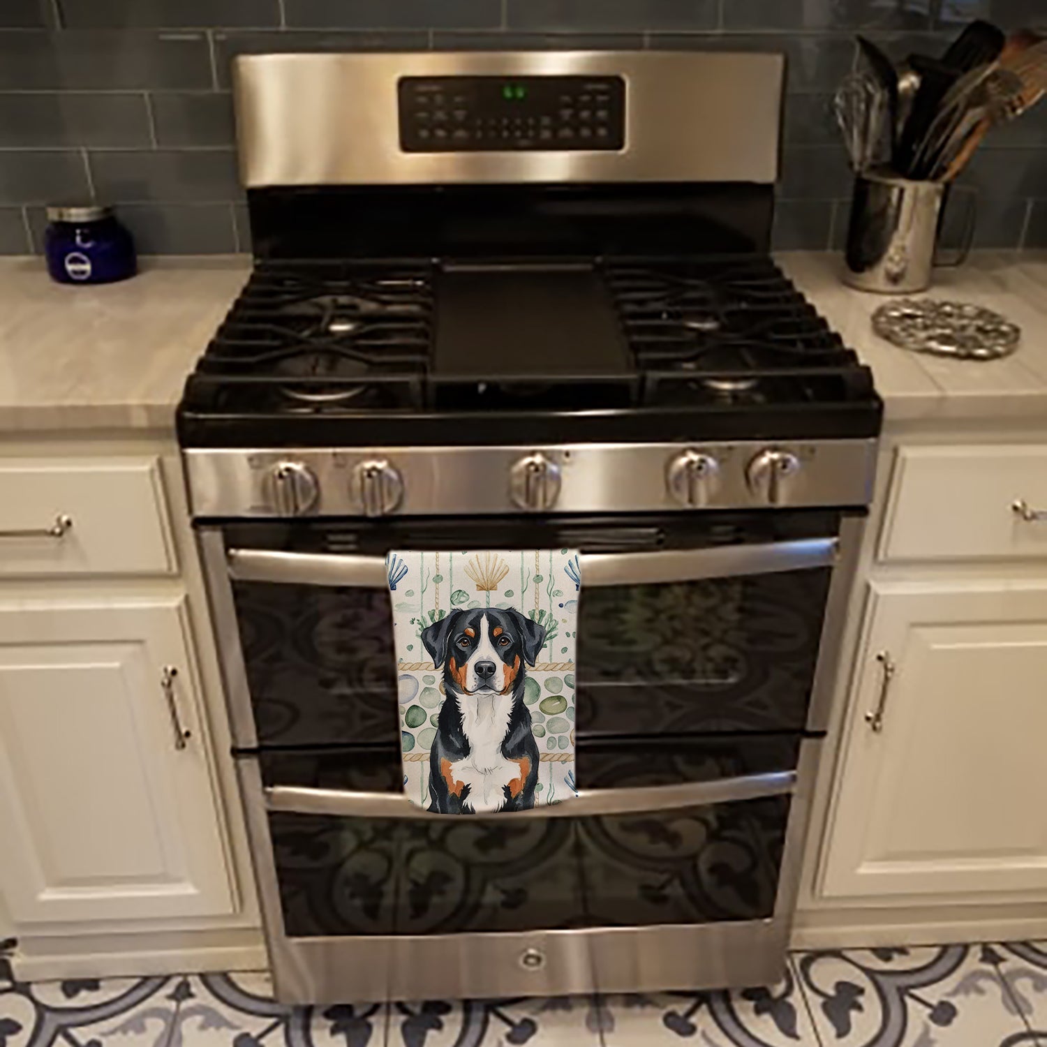 Greater Swiss Mountain Dog Coastal Sea Glass Kitchen Towel Velour Plush Front and Cotton Loop Back Machine Washable