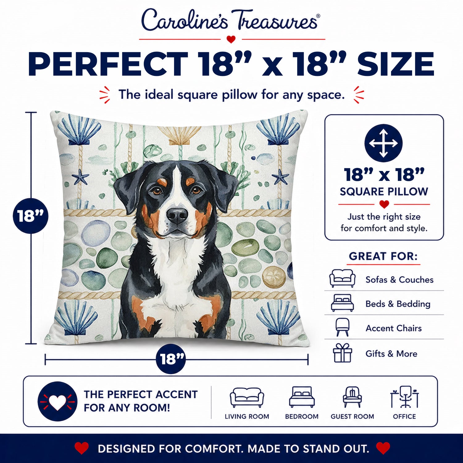 Greater Swiss Mountain Dog Coastal Sea Glass Decorative Throw Pillow 18x18 Indoor Outdoor Accent Cushion, Fabric Cover with Insert for Sofa, Bed, Porch & Living Room