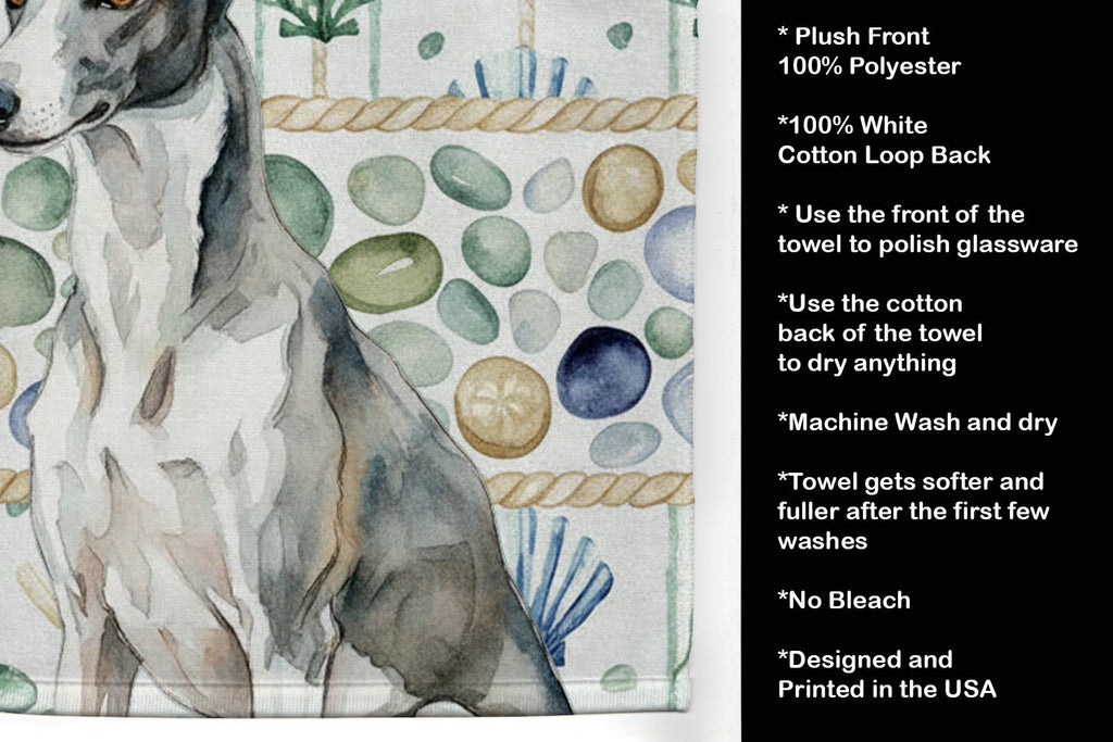 Black and White Greyhound Coastal Sea Glass Kitchen Towel Velour Plush Front and Cotton Loop Back Machine Washable