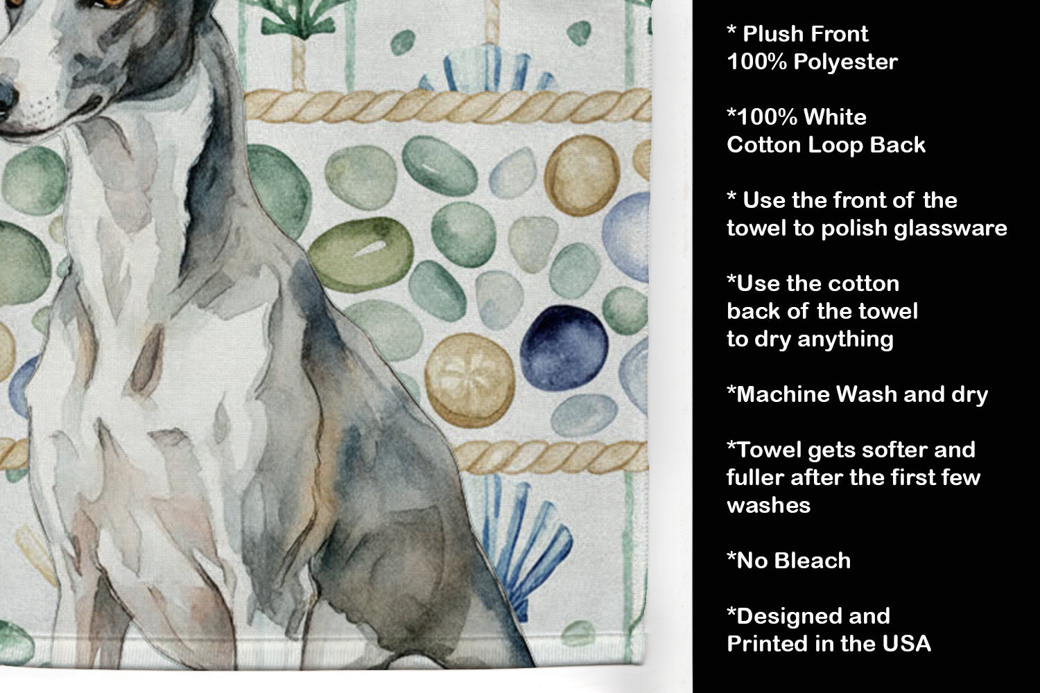 Black and White Greyhound Coastal Sea Glass Kitchen Towel Velour Plush Front and Cotton Loop Back Machine Washable