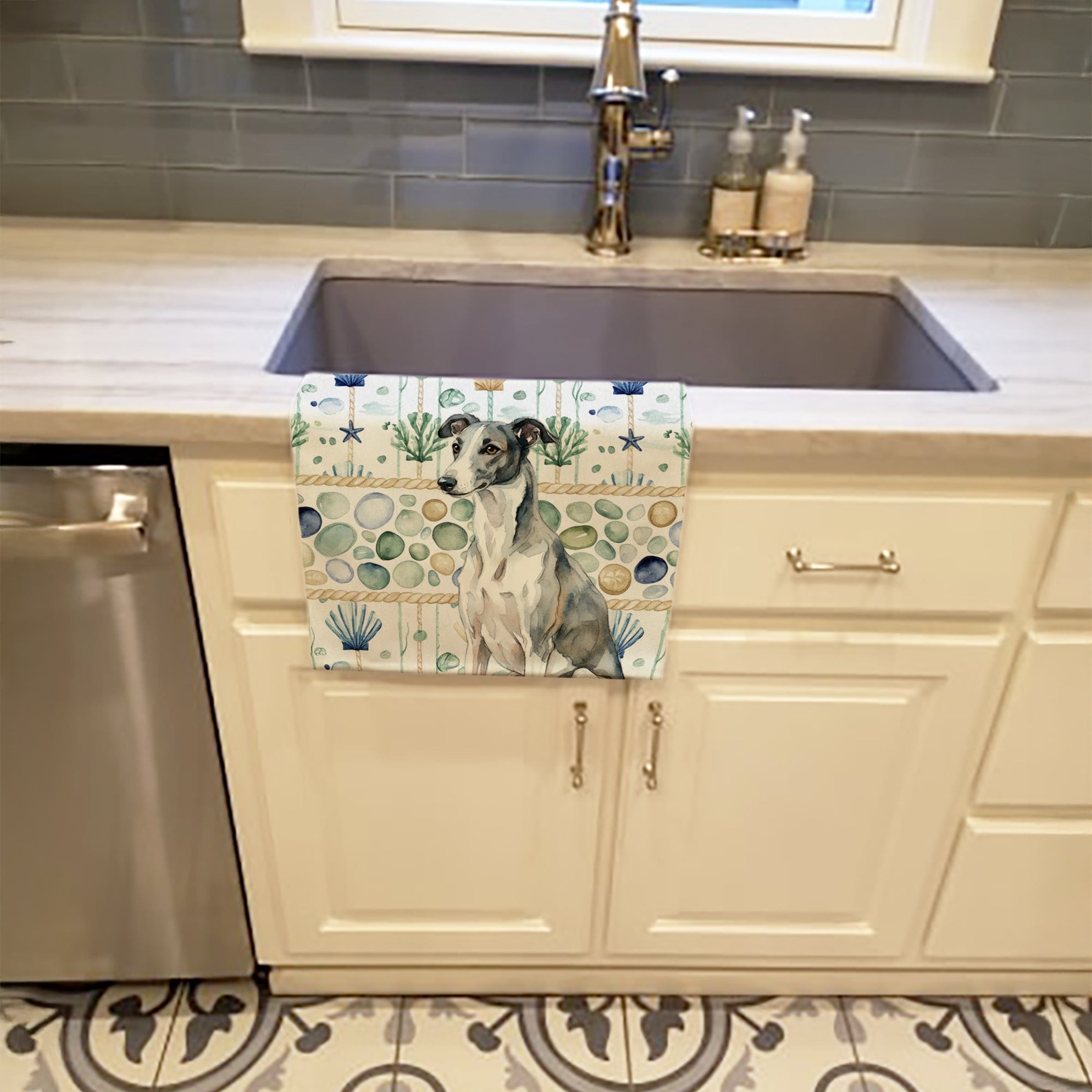 Black and White Greyhound Coastal Sea Glass Kitchen Towel Velour Plush Front and Cotton Loop Back Machine Washable